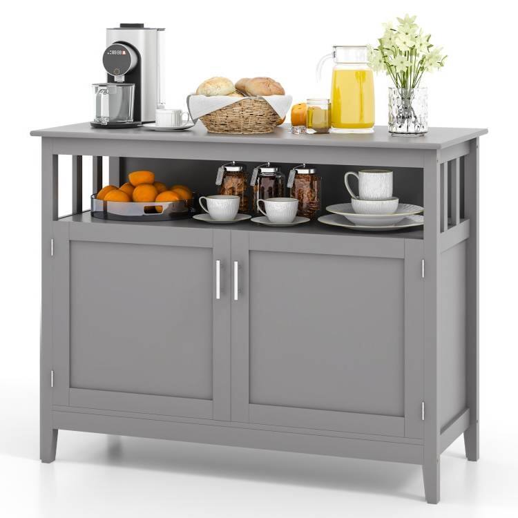 Front. Hivvago - Grey Wood 2-Door Dining Buffet Sideboard Cabinet with Open Storage Shelf - Gray.
