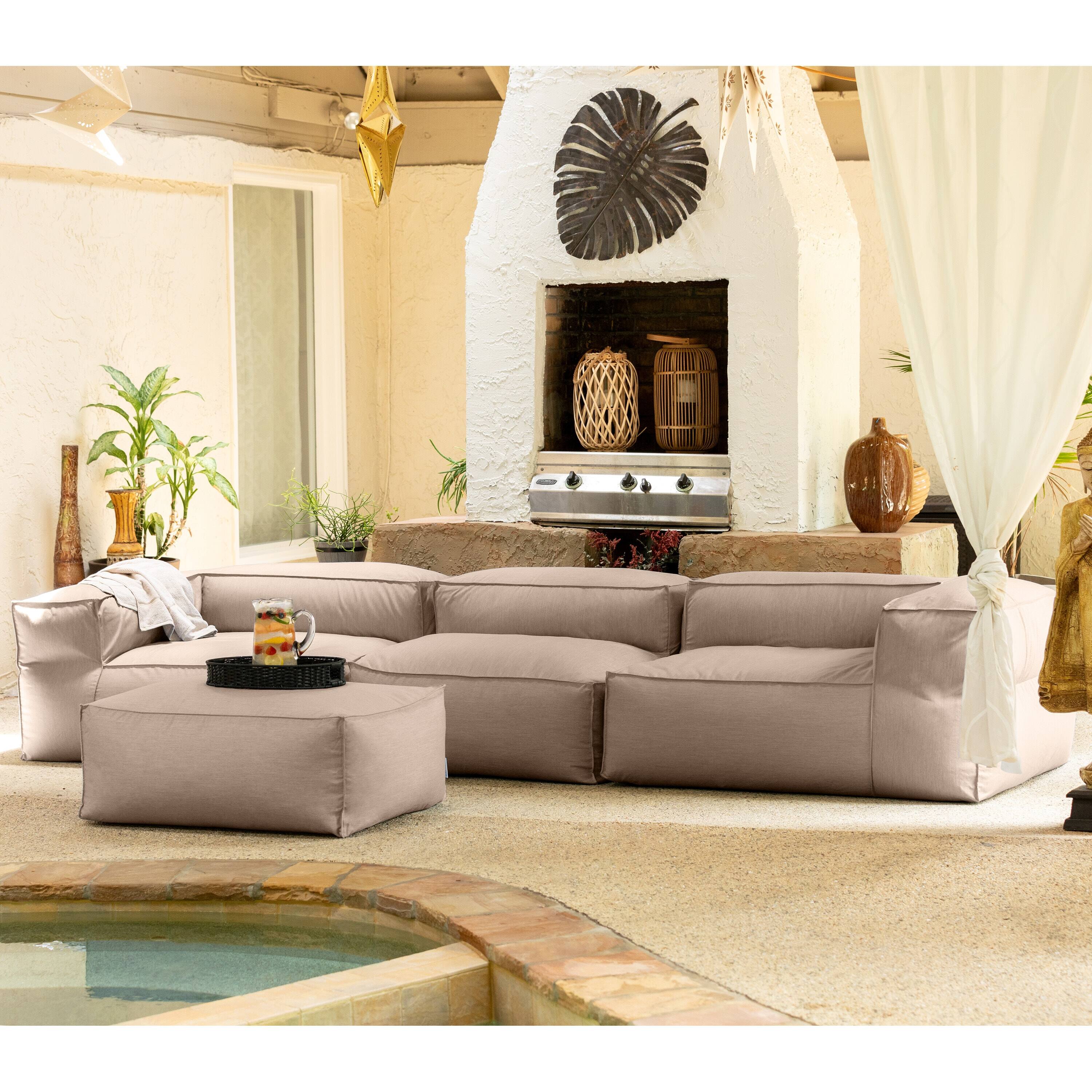 Left. Jaxx - Baya 4 Piece Outdoor Sofa with Ottoman - Luxurious European Style Soft Seating, Petal - Petal.