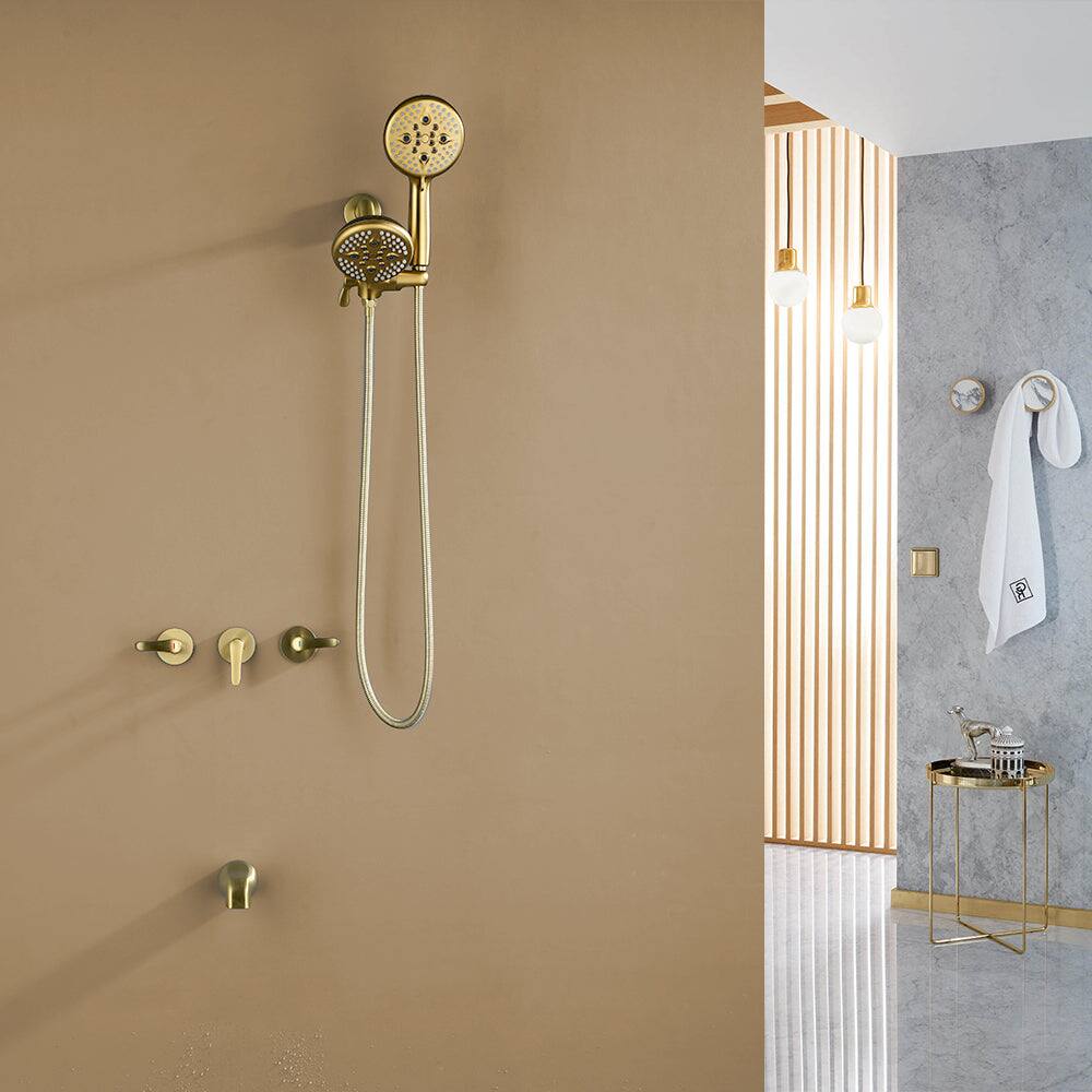 Alt View 2. Boyel Living - Brushed Gold Shower Set with Five Function Dual Shower Heads and Three Handle Control - Brushed Gold.