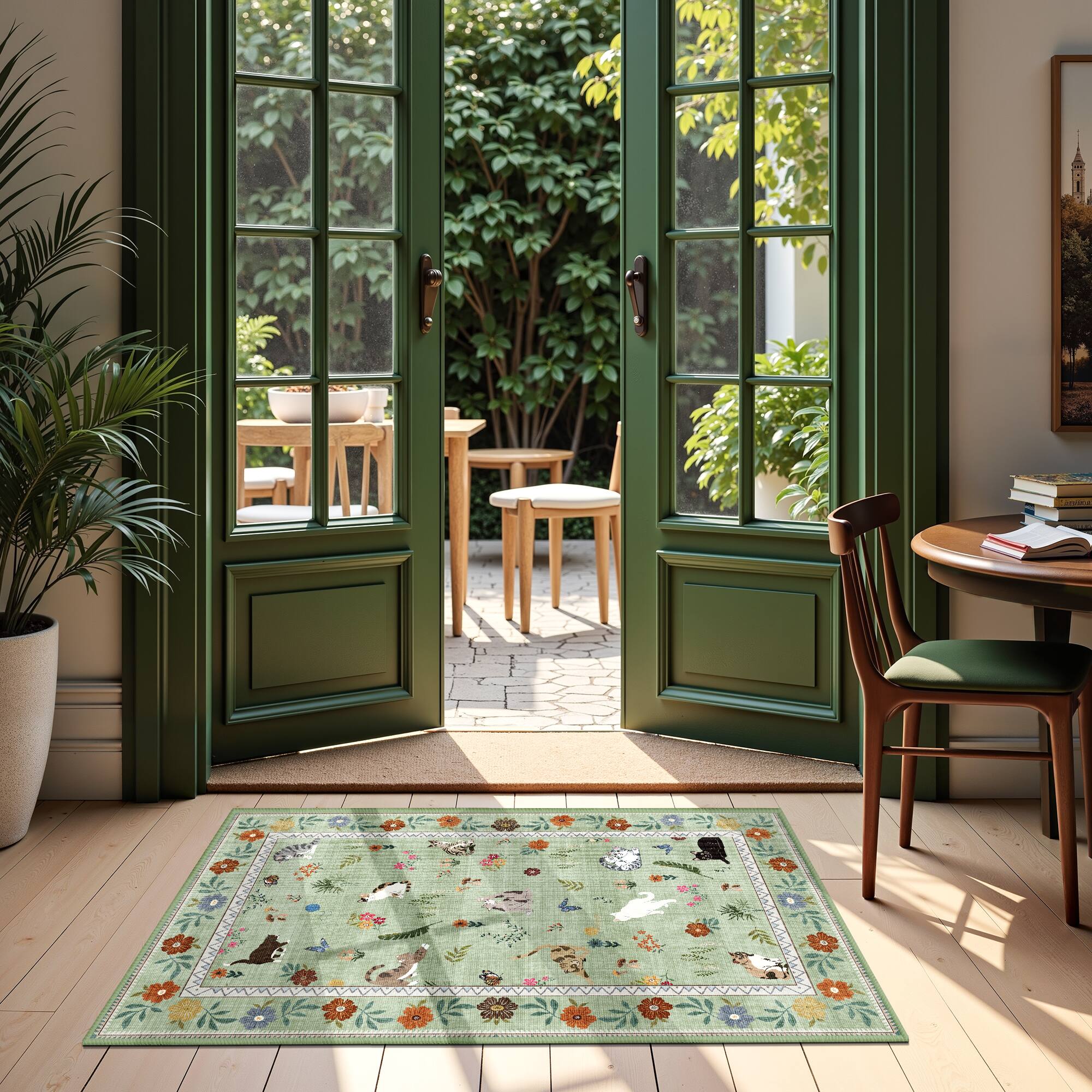 Alt View 3. KERDOM - Cute Cat Print 2x3 ft Small Area Rug – Adorable Kitten Floor Mat for Entryway & Bathroom, Non-Slip Washable Accent Rug - Green.