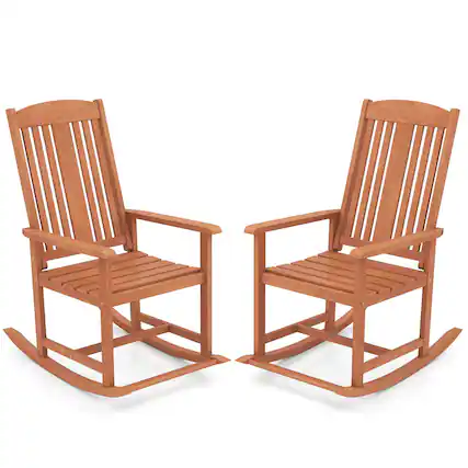 Front. Costway - Costway 2 PCS Outdoor Rocking Chair with Slatted Seat Wide Armrests and Footrest for Patio - Natural.