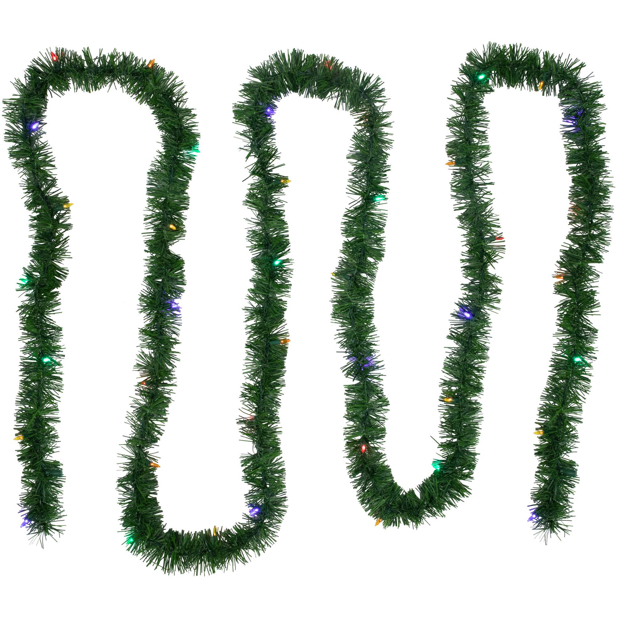 Front. Northlight - 18' x 3" Pre-Lit Pine Artificial Christmas Garland, Multicolor LED Lights - Green.
