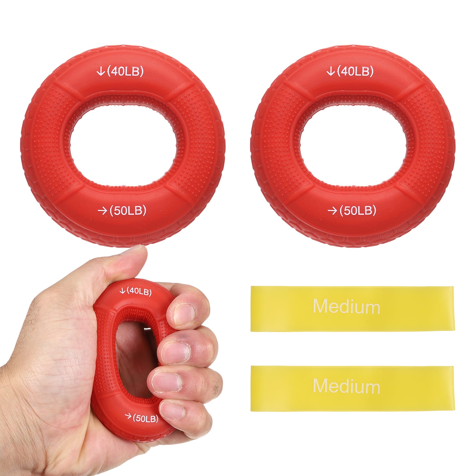 Unique Bargains - Silicone Ring Grip Strength Trainer with Finger Extension Band Forearm Trainer Kit 40-50LB & 4pcs - For Climbing Workout - Red