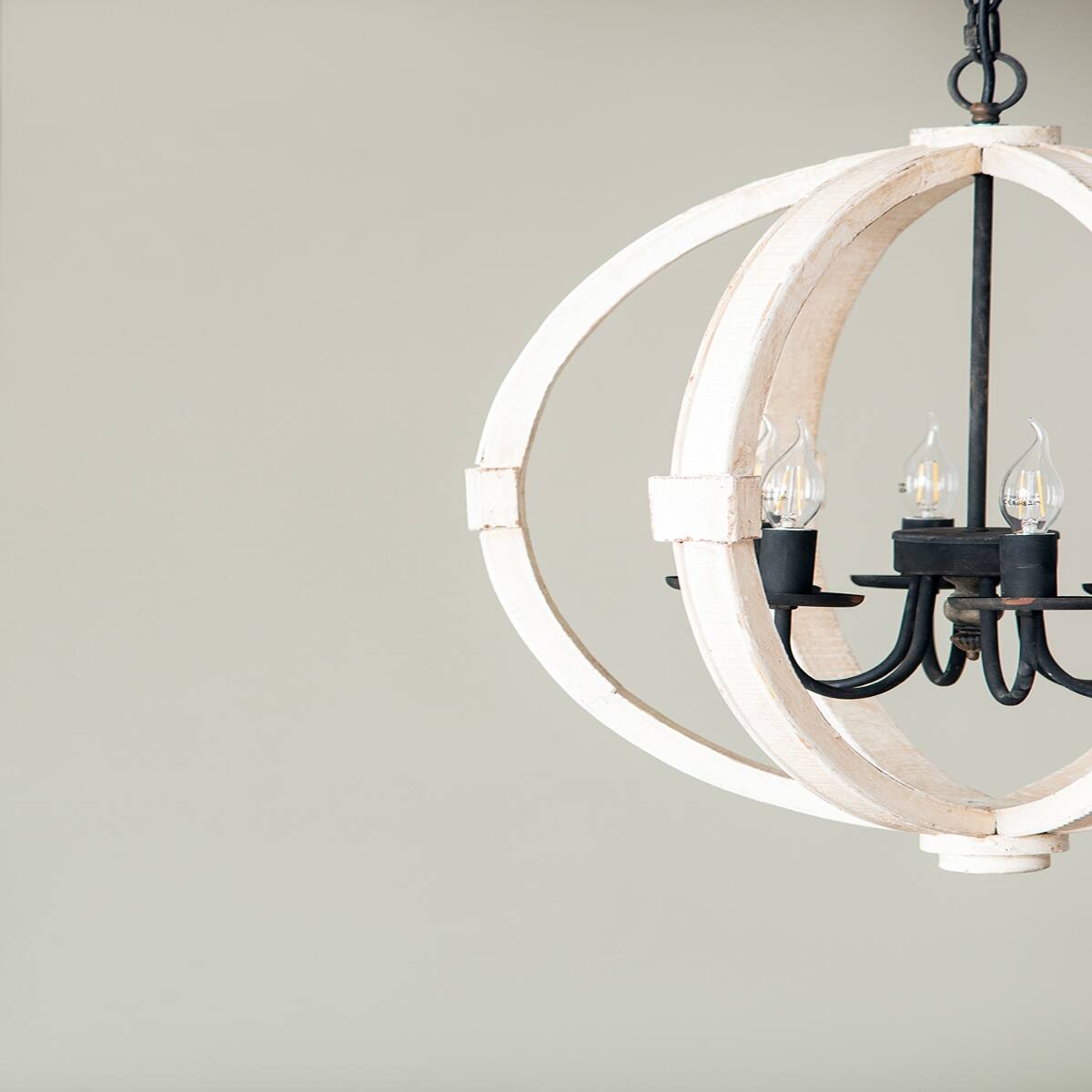 Back. Loheer - Loheer Six Light Wood Chandelier, Distressed White Finish, Adjustable Chain for Dining Room or Foyer.