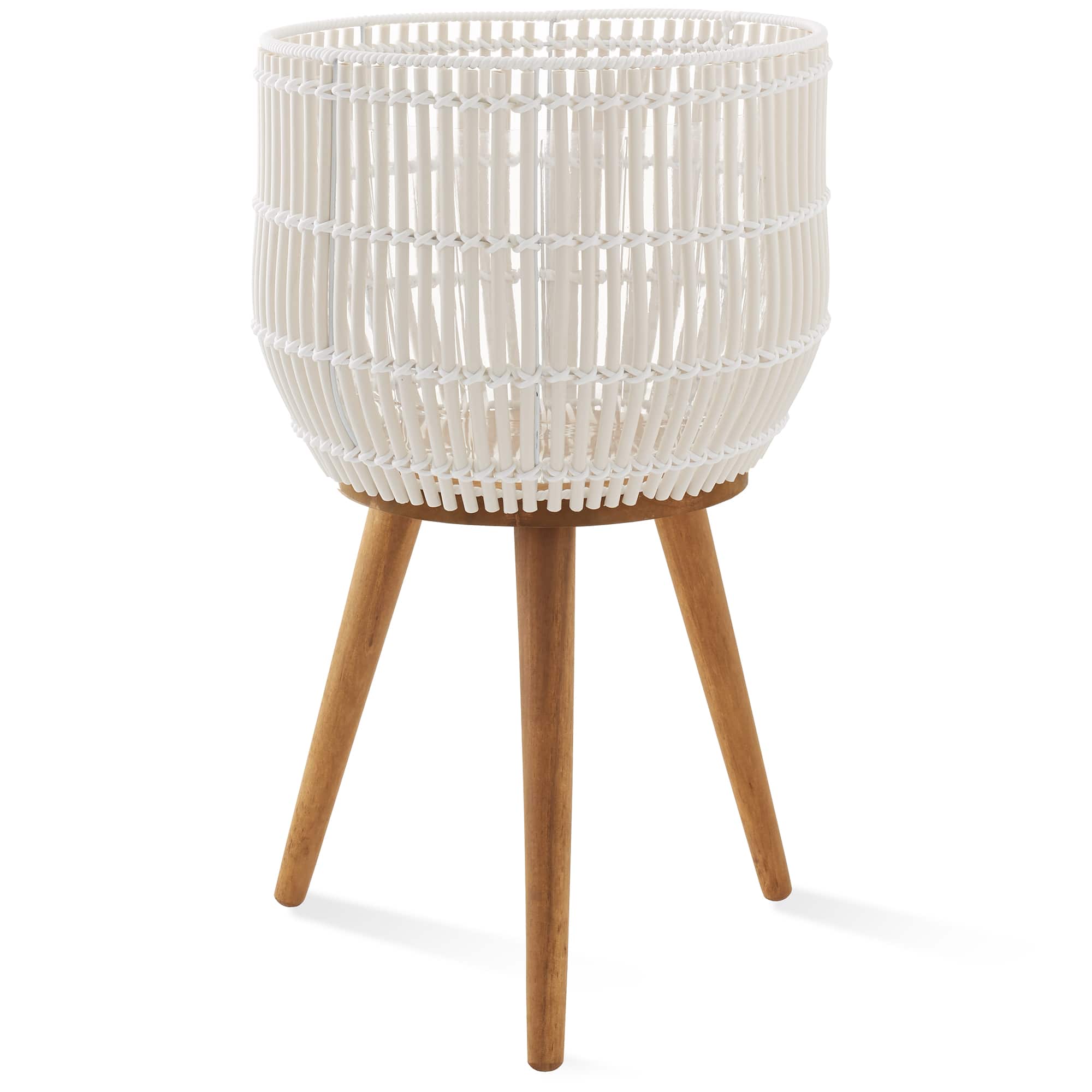 Casafield - Indoor Planter with Stand, Large Rattan Basket for Plants and Flowers with Wood Legs - White with Natural Legs