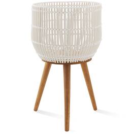 Casafield - Indoor Planter with Stand, Large Rattan Basket for Plants and Flowers with Wood Legs - White with Natural Legs