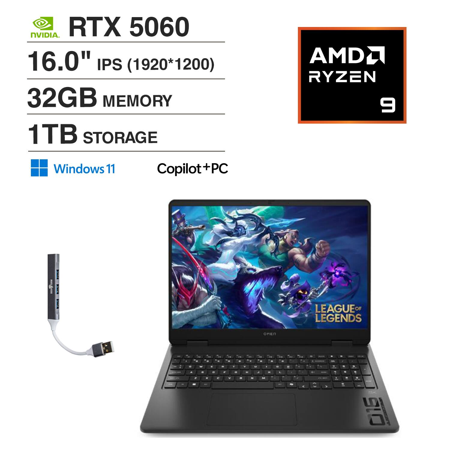 HP - OMEN Gaming Laptop (Ryzen 9 8940HX, 32GB DDR5, 1TB PCIe SSD, 16.0 WUXGA (1920x1200), RTX 5060, Win 11 Home) - Shadow Black