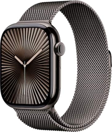 Angle. Apple - Apple Watch Series 10 (GPS+Cellular) 46mm Titanium Case with Slate Milanese Loop - M/L - Slate.