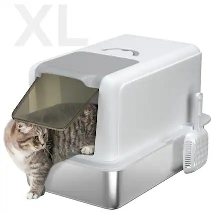 Front. Pawhut - Cat Litter Box, 2 in 1 Kitty Litter Pan with Lid & Scoop, Filter Bags, High Enclosure, Small to Large Kittens - White.