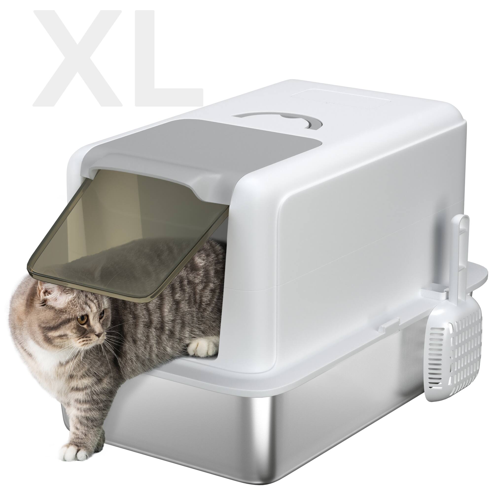 Front. Pawhut - Cat Litter Box, 2 in 1 Kitty Litter Pan with Lid & Scoop, Filter Bags, High Enclosure, Small to Large Kittens - White.