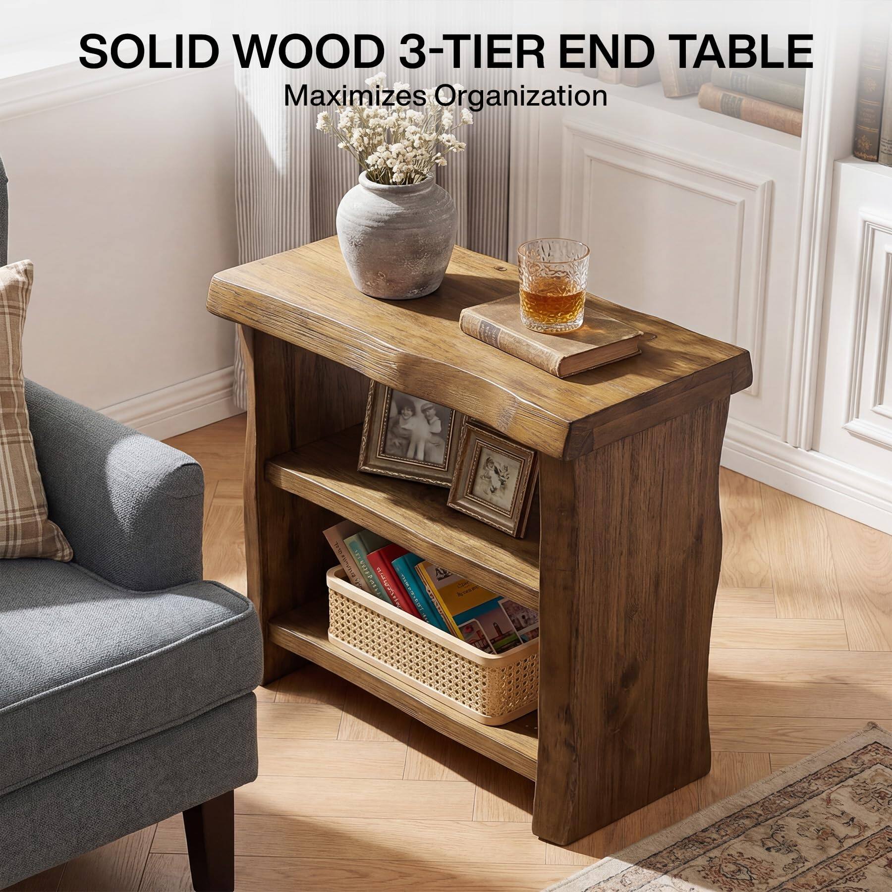 Tribesigns Solid Wood End Table, 3 Tier Narrow Side Table with Live ...