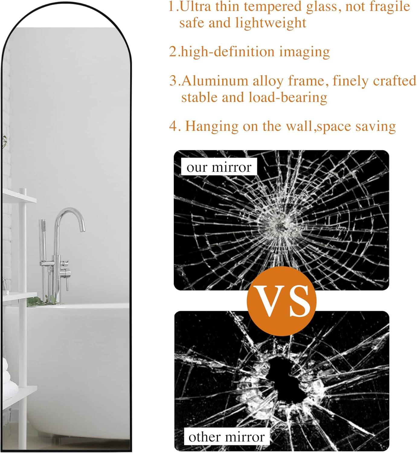 1. Ultra thin tempered glass, not fragile, safe and lightweight  
2. High-definition imaging  
3. Aluminum alloy frame, finely crafted, stable and load-bearing  
4. Hanging on the wall, space saving  

Our mirror vs other mirror