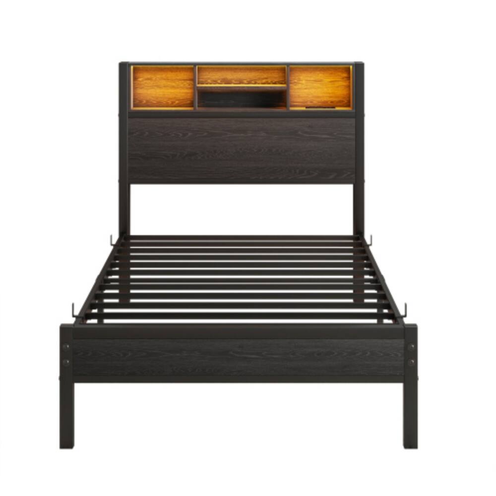 Alt View 1. LUCKY ONE - Twin Size Bed Frame with Storage Headboard, Charging Station, Bookcase, LED Lights, Metal Platform, No Box Spring Needed - Black Brown.