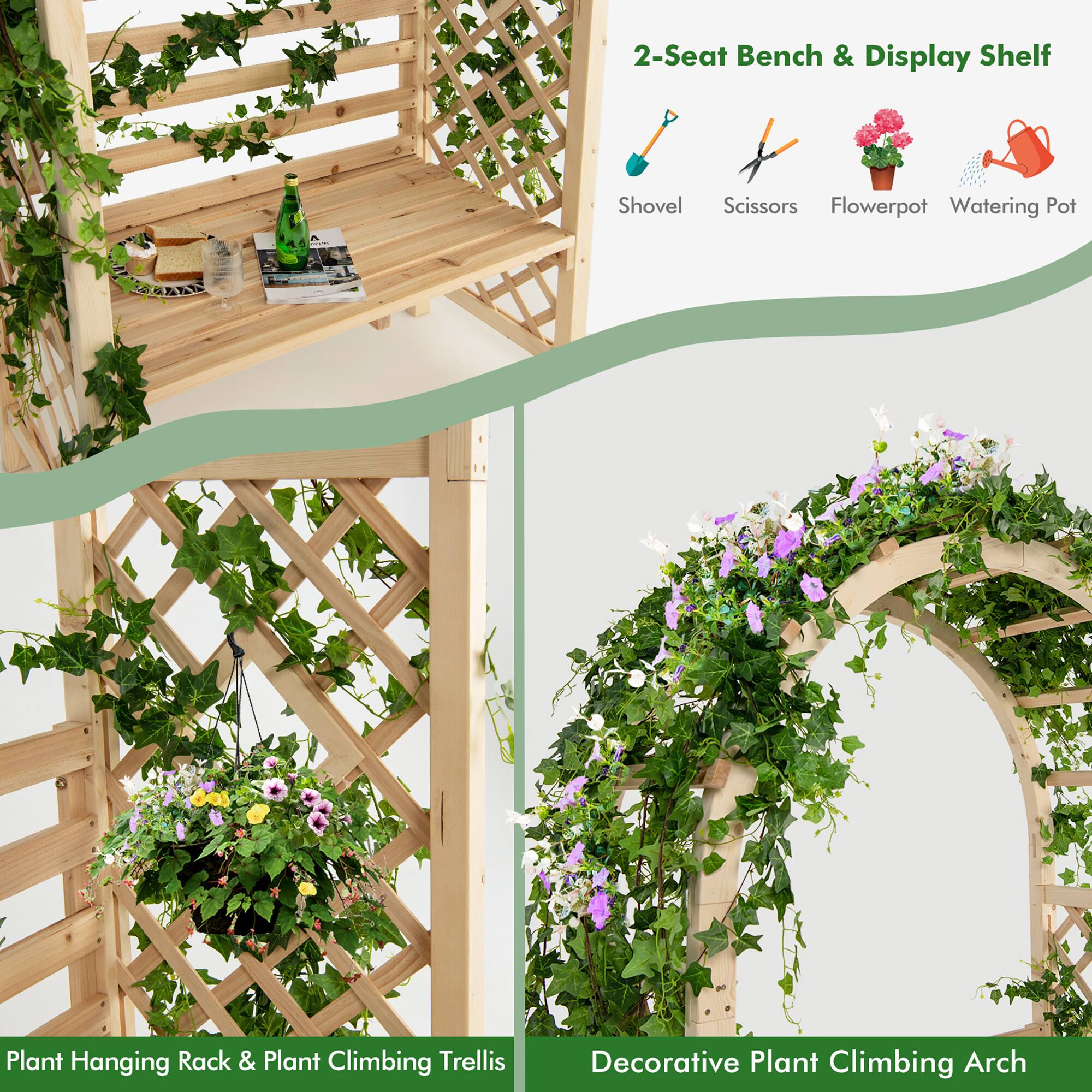 The image features a wooden structure with a 2-seat bench and display shelf. The structure also includes a shovel, scissors, and a flowerpot for watering plants. Additionally, there is a plant climbing trellis and a decorative plant climbing arch. The image also showcases a plant hanging rack and a plant climbing trellis.