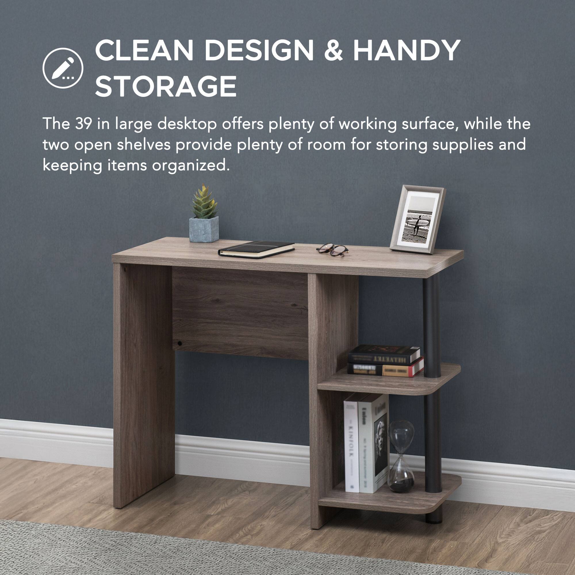 CLEAN DESIGN & HANDY STORAGE

The 39 in large desktop offers plenty of working surface, while the two open shelves provide plenty of room for storing supplies and keeping items organized.