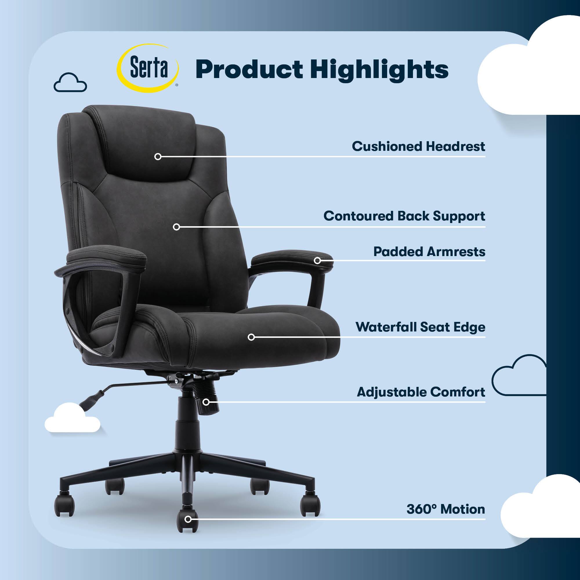 Serta Product Highlights:
- Cushioned Headrest
- Contoured Back Support
- Padded Armrests
- Waterfall Seat Edge
- Adjustable Comfort
- 360 Motion