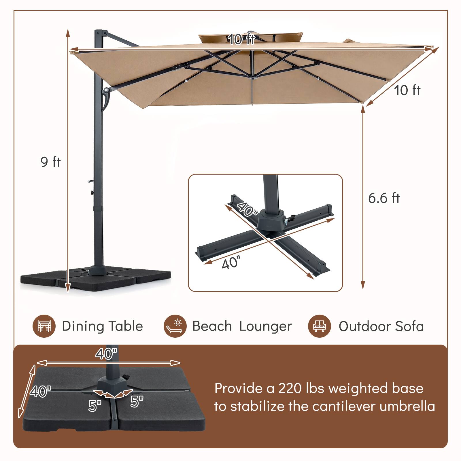 10 ft 10 ft 9 ft 40" 6.6 ft 40" Dining Table Beach Lounger Outdoor Sofa 40" 40" 5" 5" Provide a 220 lbs weighted base to stabilize the cantilever umbrella