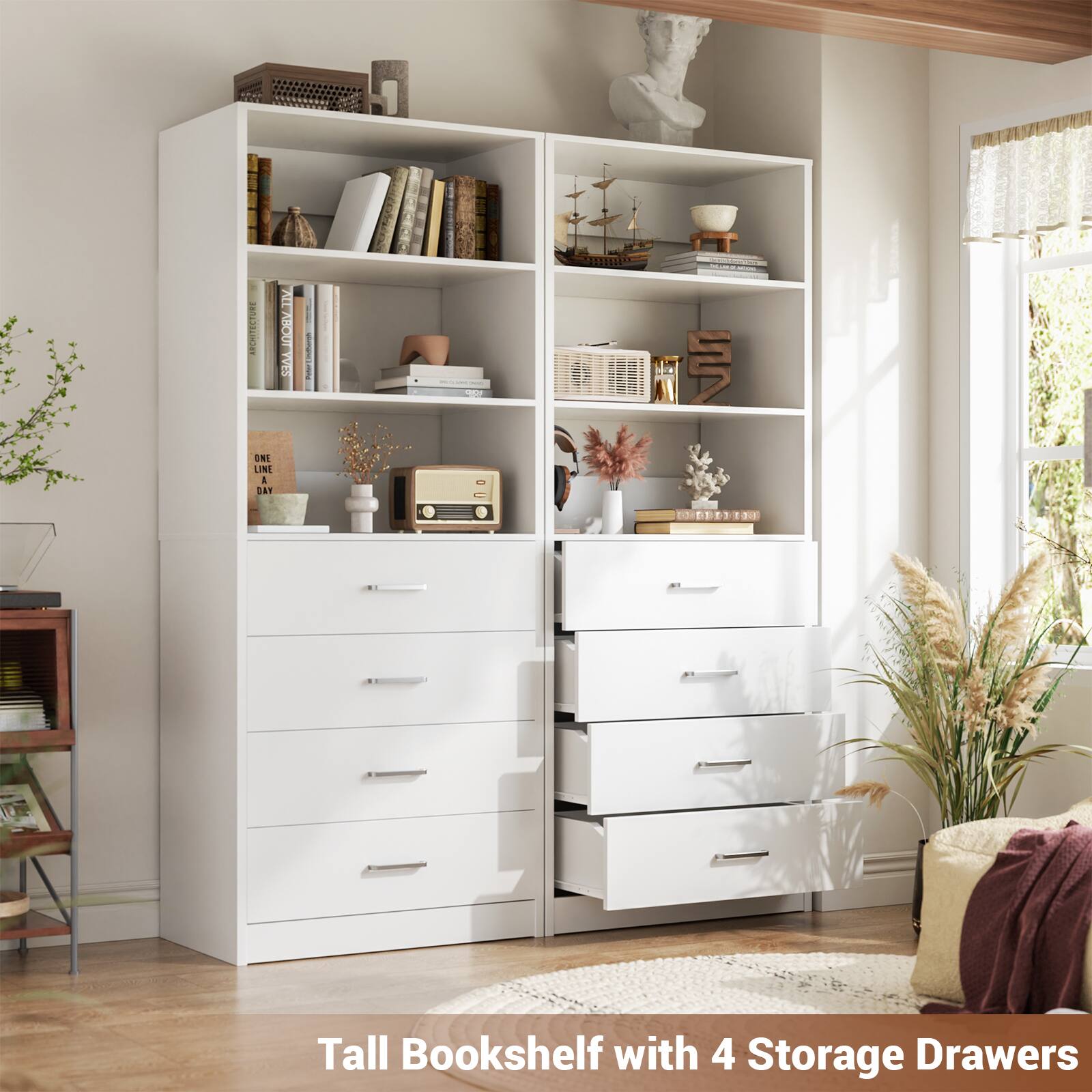 Tall Bookshelf with 4 Storage Drawers