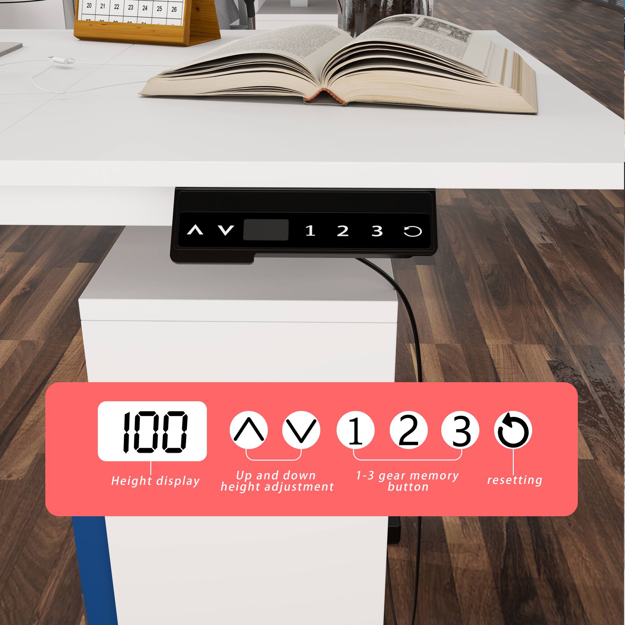 The text on the image reads: "20 1 2 # 25 28 V 123 1 2 3 C V 1 2 3 O Up and down 1-3 gear memory Height display button resetting height adjustment."