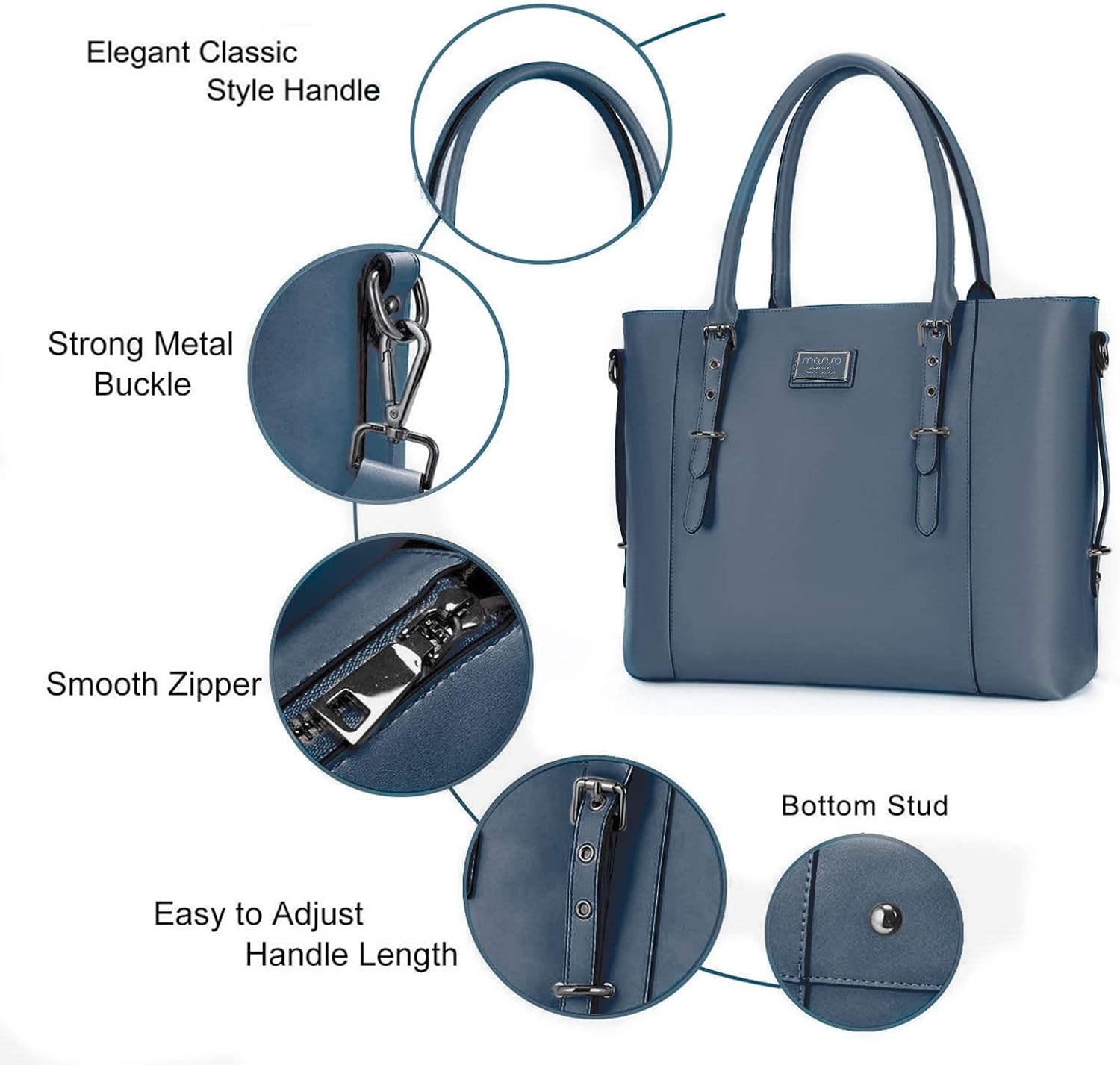 Elegant Classic Style Handle  
Strong Metal Buckle  
Smooth Zipper  
Bottom Stud  
Easy to Adjust Handle Length