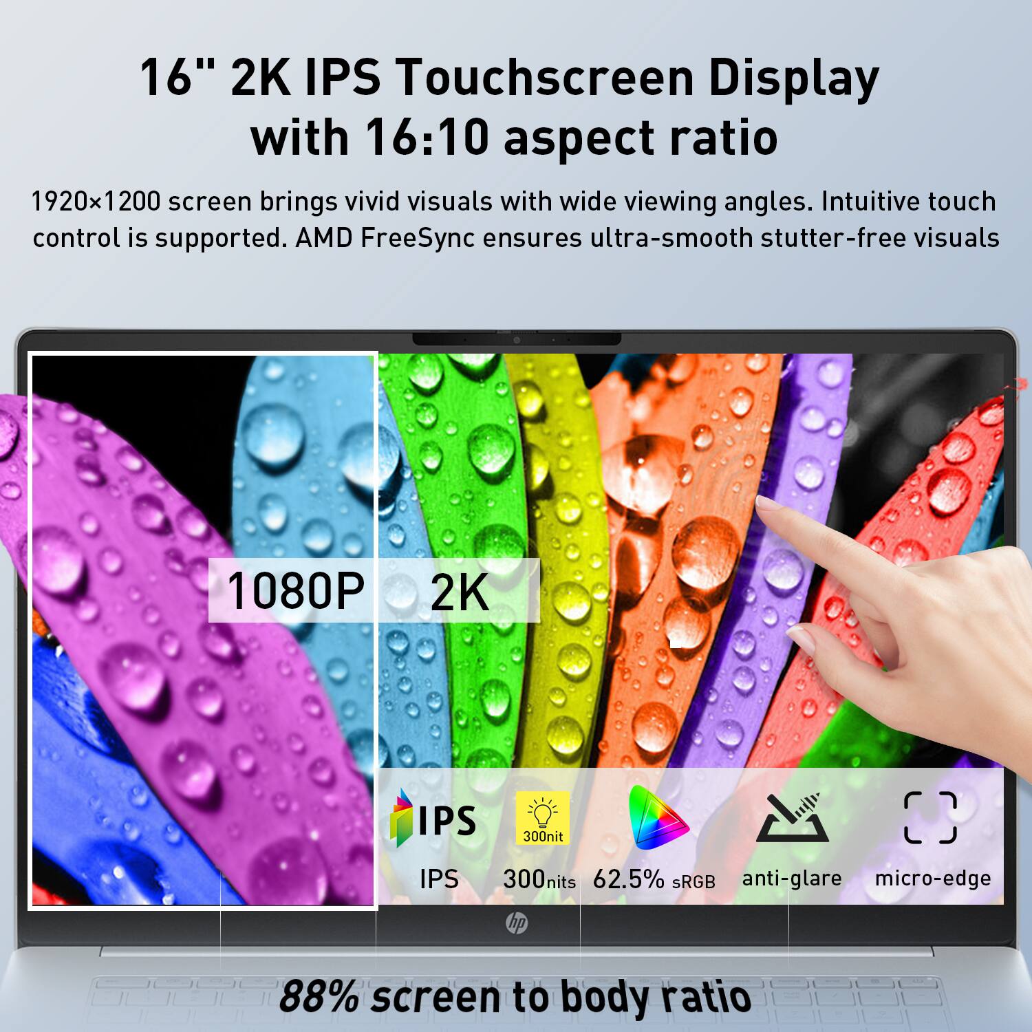 16" 2K IPS Touchscreen Display with 16:10 aspect ratio

1920x1200 screen brings vivid visuals with wide viewing angles. Intuitive touch control is supported. AMD FreeSync ensures ultra-smooth stutter-free visuals

1080P 2K IPS 300nit 300nits 62.5% sRGB anti-glare micro-edge hp 88% screen to body ratio
