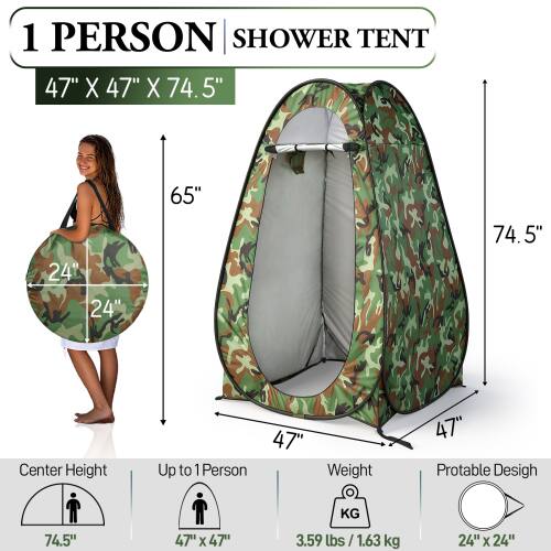 1 PERSON SHOWER TENT  
47" X 47" X 74.5"  
65"  
24"  
24"  
74.5"  
Center Height  
Up to 1 Person  
47"  
Weight  
47 Protable Design  
KG  
74.5"  
47" X 47"  
3.59 lbs / 1.63 kg  
24" X 24"