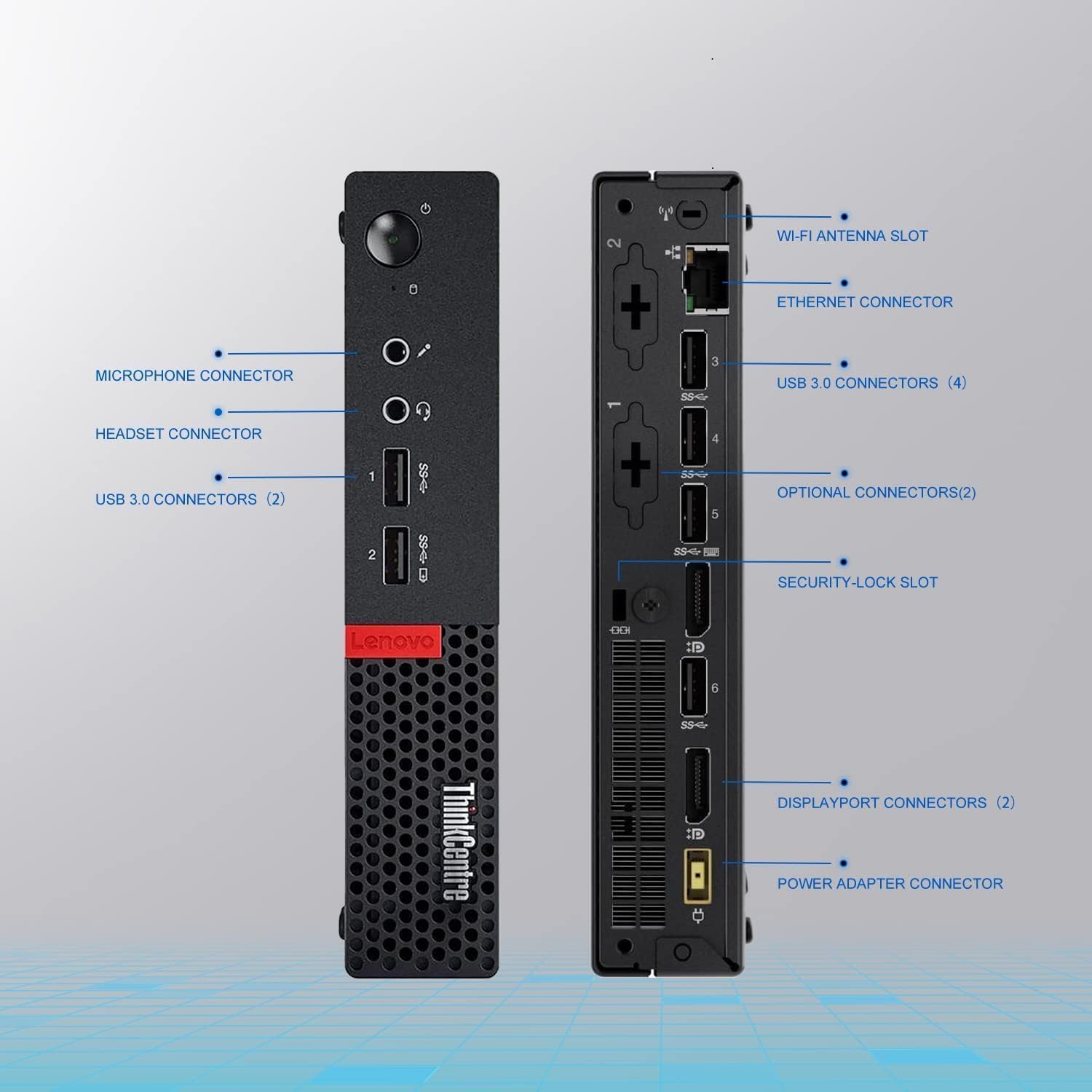 - WI-FI ANTENNA SLOT
- MICROPHONE CONNECTOR
- ETHERNET CONNECTOR
- USB 3.0 CONNECTORS (4)
- HEADSET CONNECTOR
- USB 3.0 CONNECTORS (2)
- OPTIONAL CONNECTORS (2)
- SECURITY-LOCK SLOT
- DISPLAYPORT CONNECTORS (2)
- POWER ADAPTER CONNECTOR
