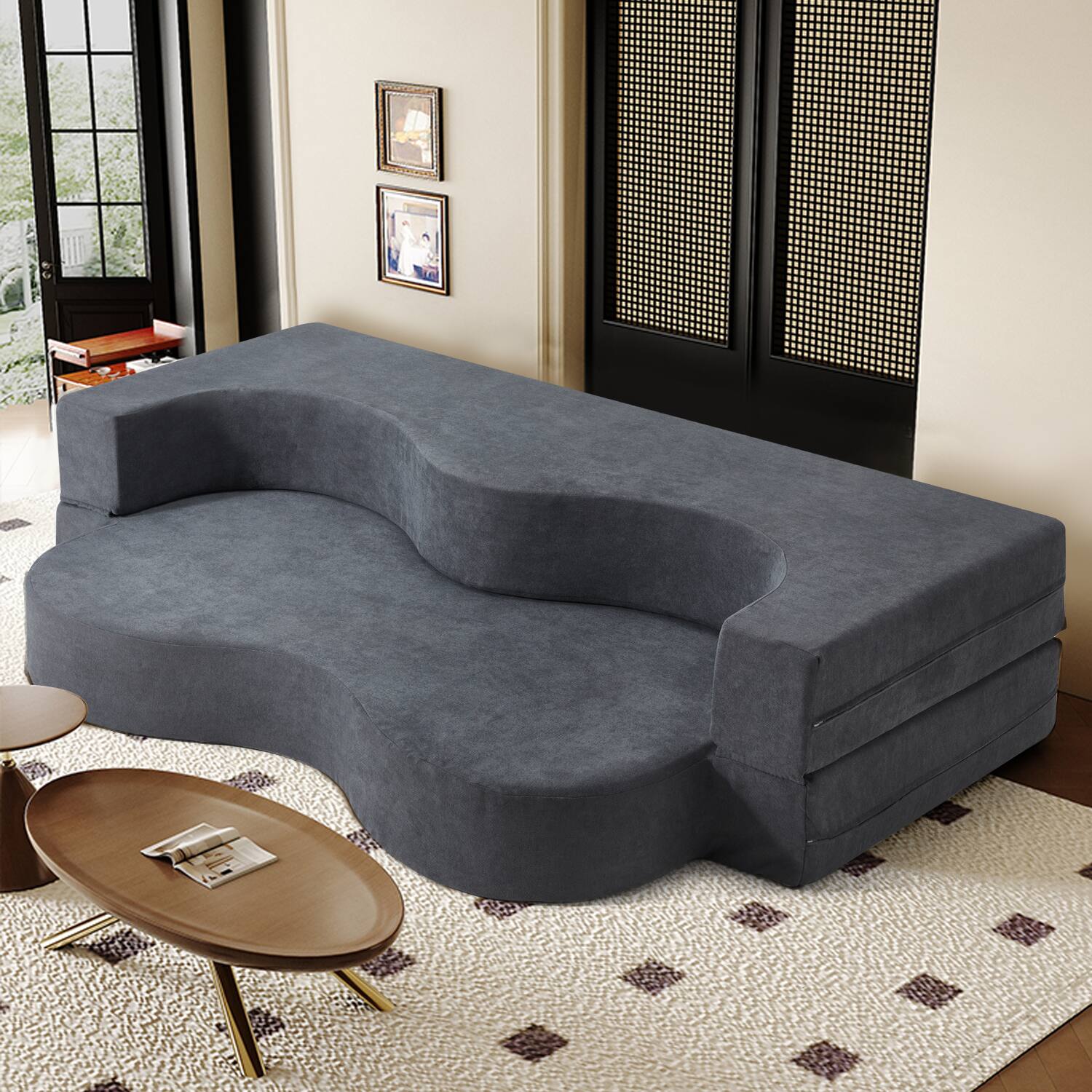 Angle. U-HOMY - High-Density Foam Folding Sofa Bed: Convertible Floor Couch for Living Room, Guest Room, and Bedroom - Grey.