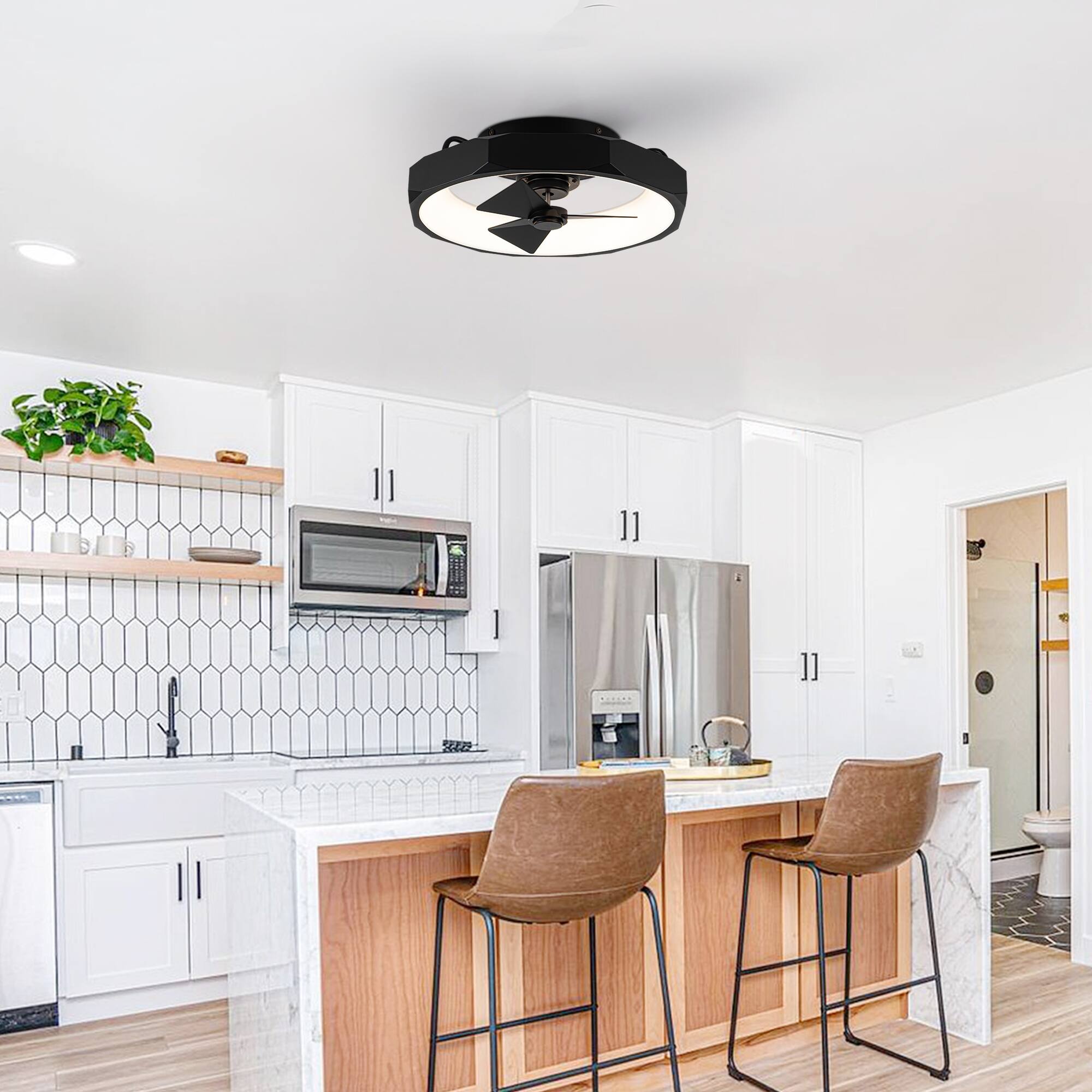 Angle. Parrot Uncle - 19" Black Modern 3 CCT LED Flush Mount Ceiling Fan with Remote Control - Black.