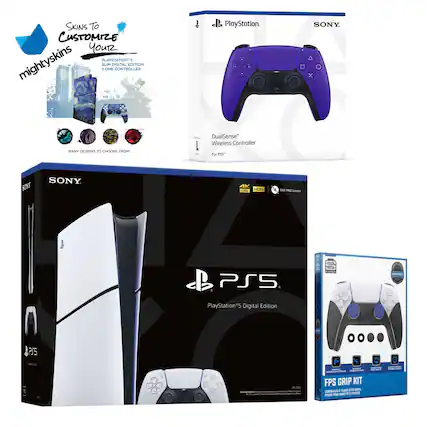 **mighty skins**
**Skins To Customize Your PlayStation 5 Slim Digital Edition**
**MANY DESIGNS TO CHOOSE FROM!**
---
**SONY**
**PlayStation**
**DualSense Wireless Controller**
**For PS5**
---
**SONY**
**PlayStation 5 Digital Edition**
**4K**
**HDR**
**120FPS**
**BDG Free Game**
---
**FPS GRIP KIT**
**1 CONTROLLER TRIM & GRIP**
**PRECISE PS5 WIRELESS CONTROLLER**