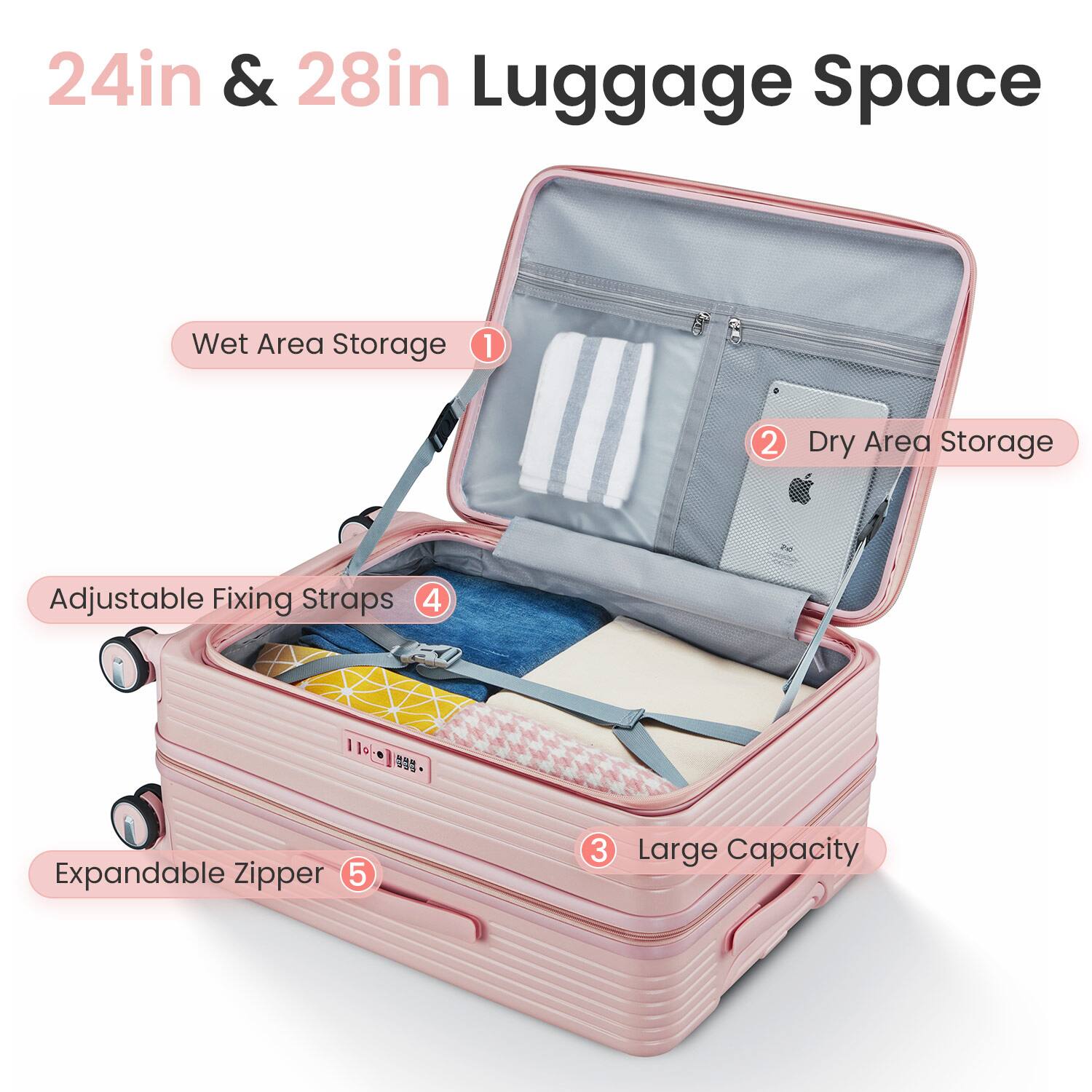 24in & 28in Luggage Space

1. Wet Area Storage
2. Dry Area Storage
3. Large Capacity
4. Adjustable Fixing Straps
5. Expandable Zipper