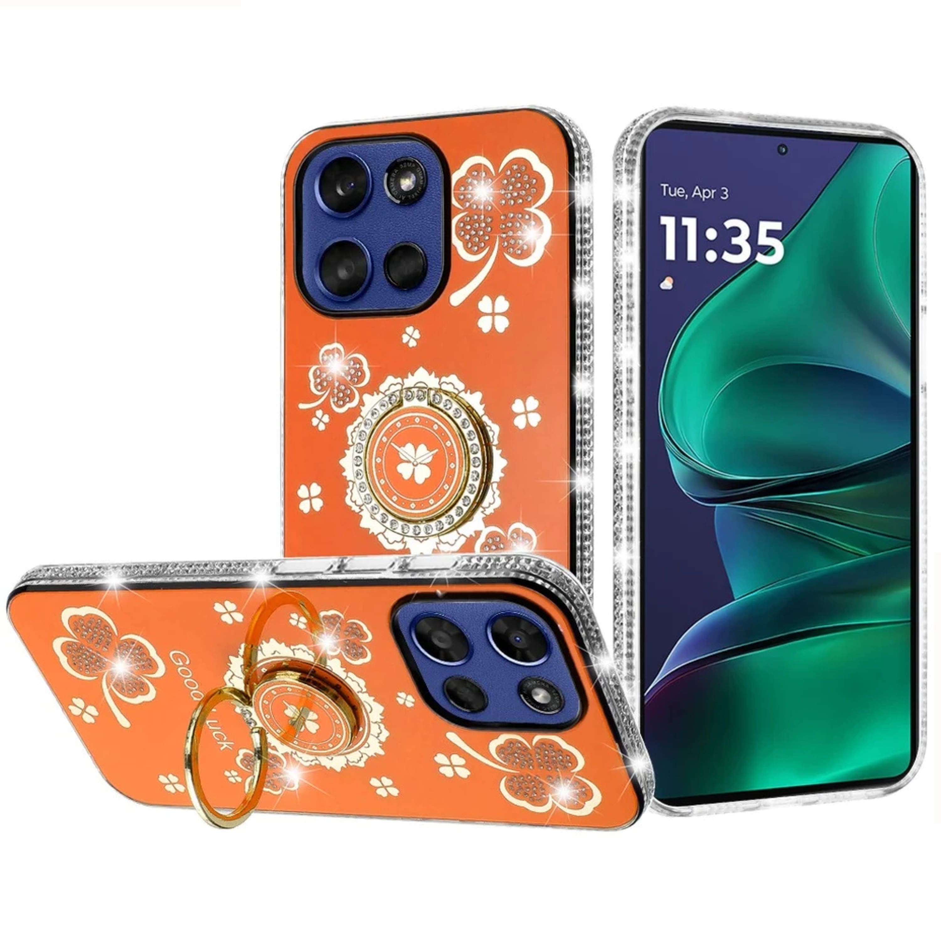 Kitcheniva - Glitter Clover Case For Moto G Stylus 2025 2026 With Crystal Ring Stand And Tempered Glass - Orange price history on PriceWatchPro