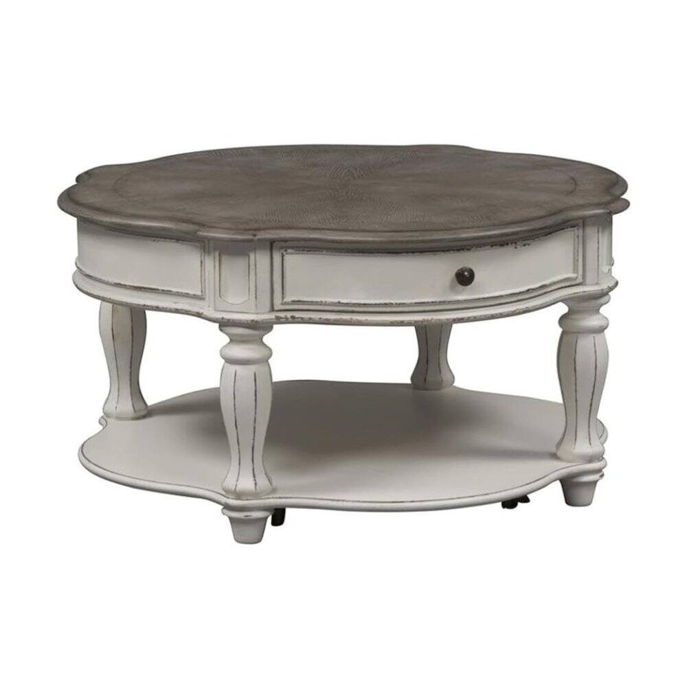 Back. Starlight Canyon Home - Antique Oval Coffee Table with Drawer And Bottom Shelf in White Finish - White.