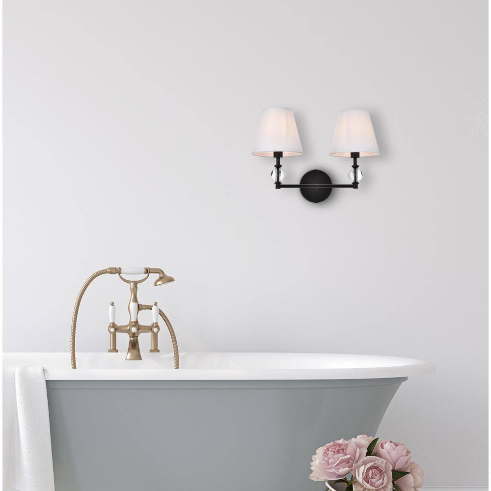 Angle. Living District - Bethany 2 lights bath sconce in black with white fabric shade - Black And White Fabric Shade.