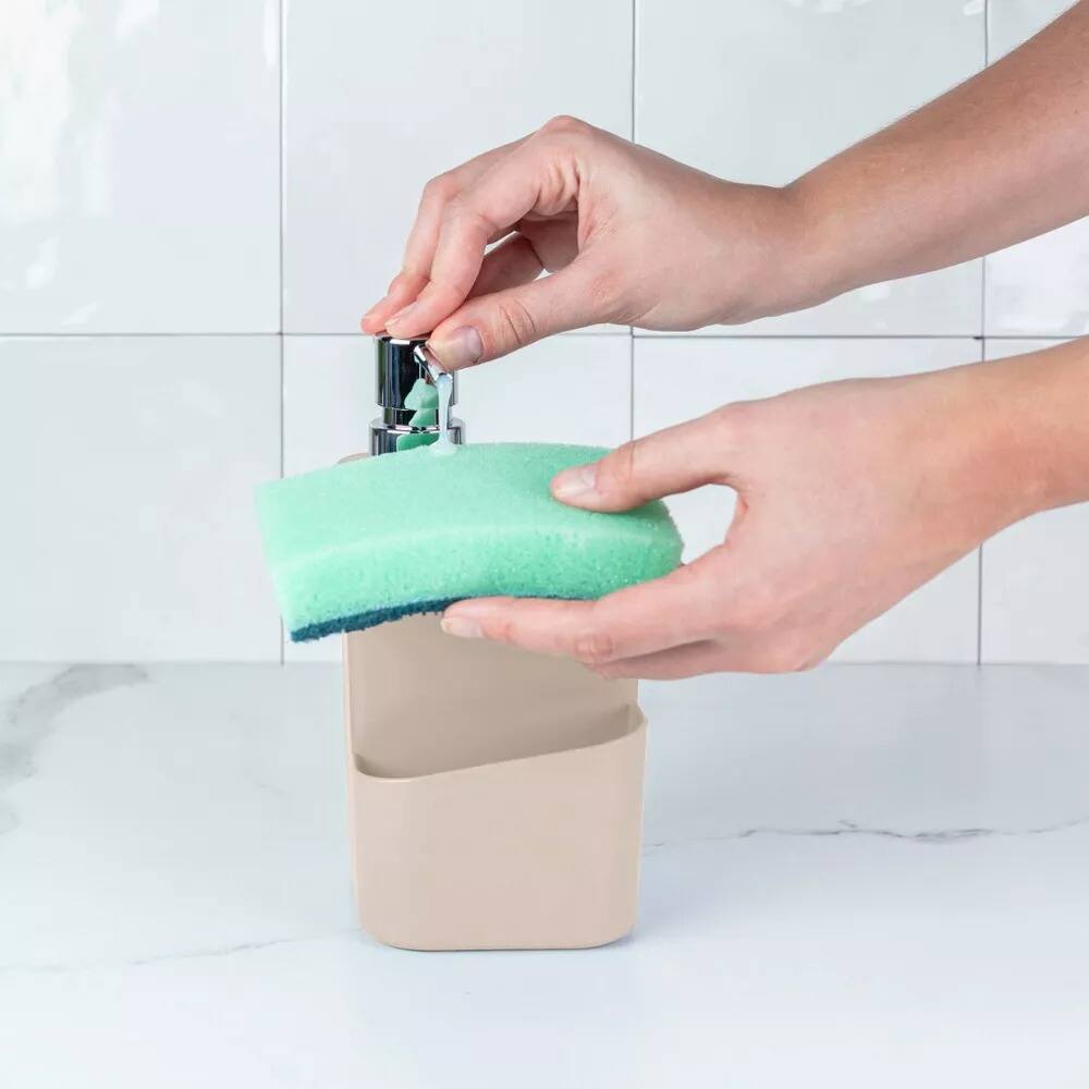 Alt View 1. OU - OU 22oz Soap Dispenser with Sponge Holder, Kitchen Soap Pump, Sink Sponge Holder with Drainage - Beige - Beige.
