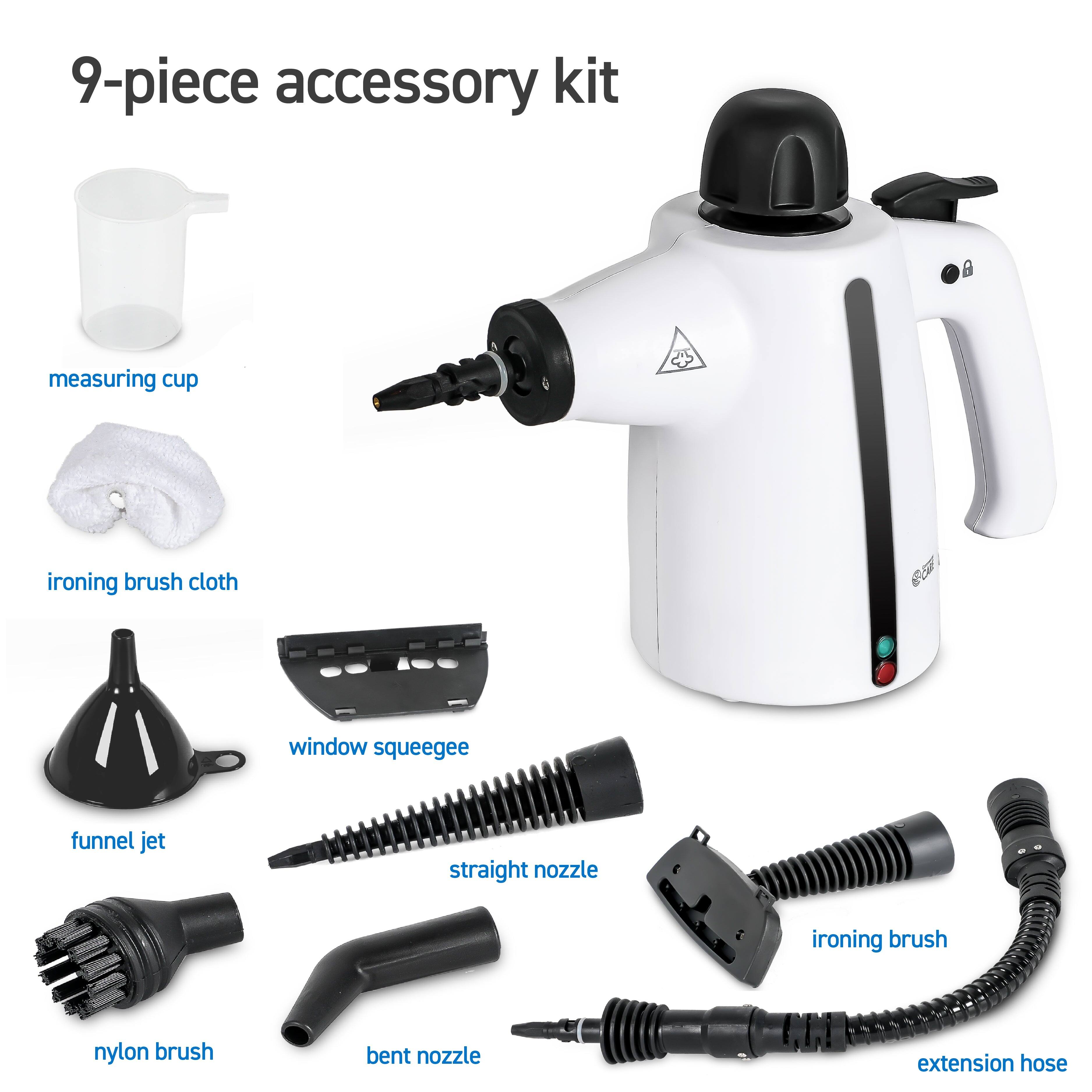 9-piece accessory kit measuring cup ironing brush cloth window squeegee funnel jet straight nozzle ironing brush nylon brush bent nozzle extension hose