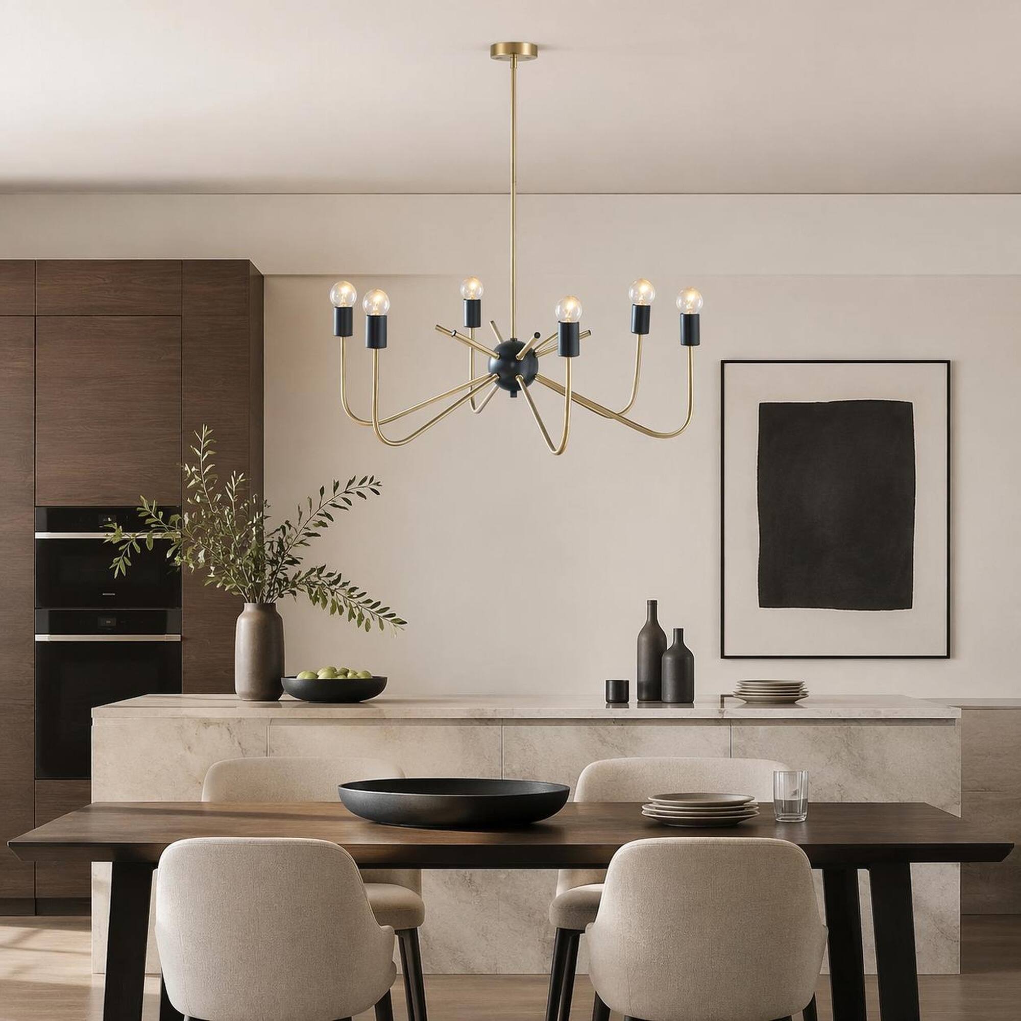 Back. RYHNUYNE - Modern 6‑Light Metal Chandelier, Two‑Tone Sputnik Candle Style Light Fixture for Dining Room Living Room - Antique Brass+Black.