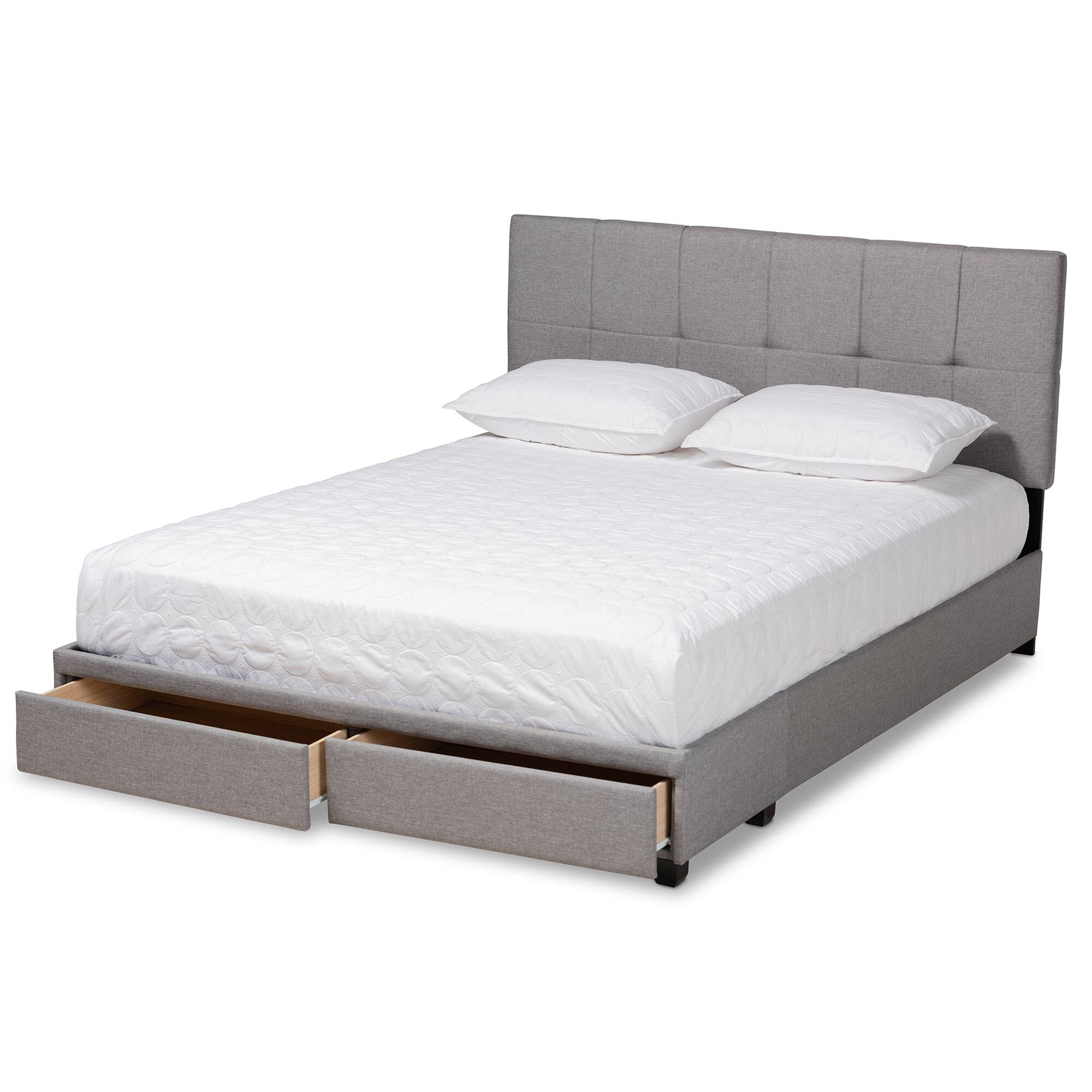 Angle. Baxton Studio - Netti Fabric Upholstered 2-Drawer Queen Size Platform Storage Bed - Light Grey/Black.