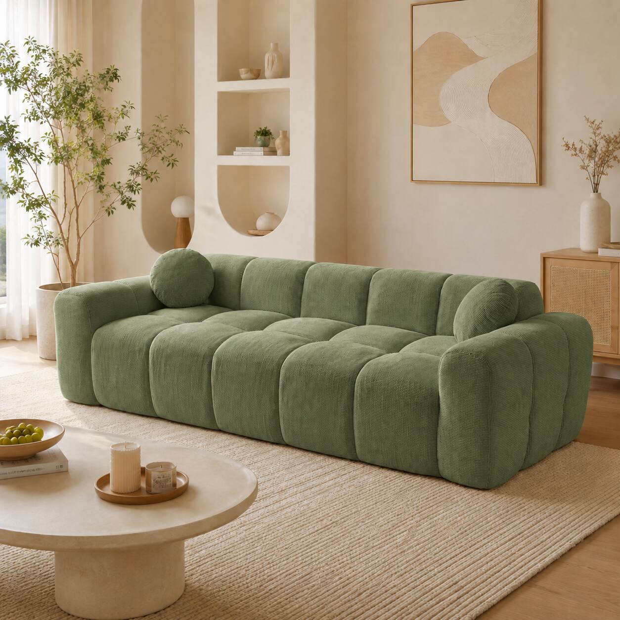 Angle. Anysun - 98.4" Extra Large Compression Sofa – Corduroy Cloud Puff Couch with 2 Pillows, Vacuum Packed Easy to Move - Green.