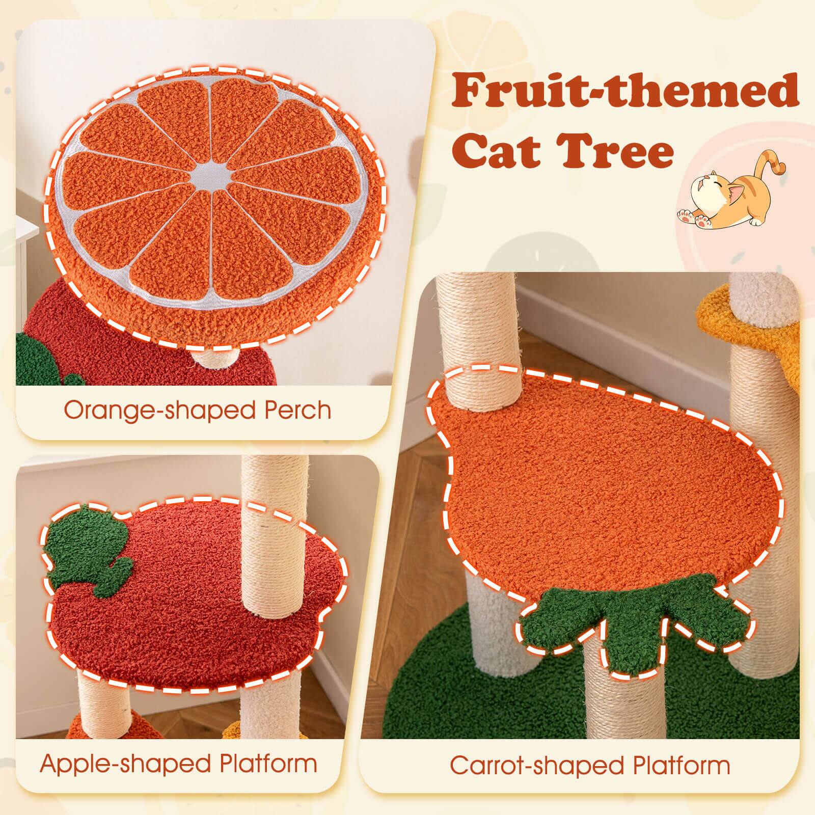 Fruit-themed Cat Tree

- Orange-shaped Perch
- Apple-shaped Platform
- Carrot-shaped Platform