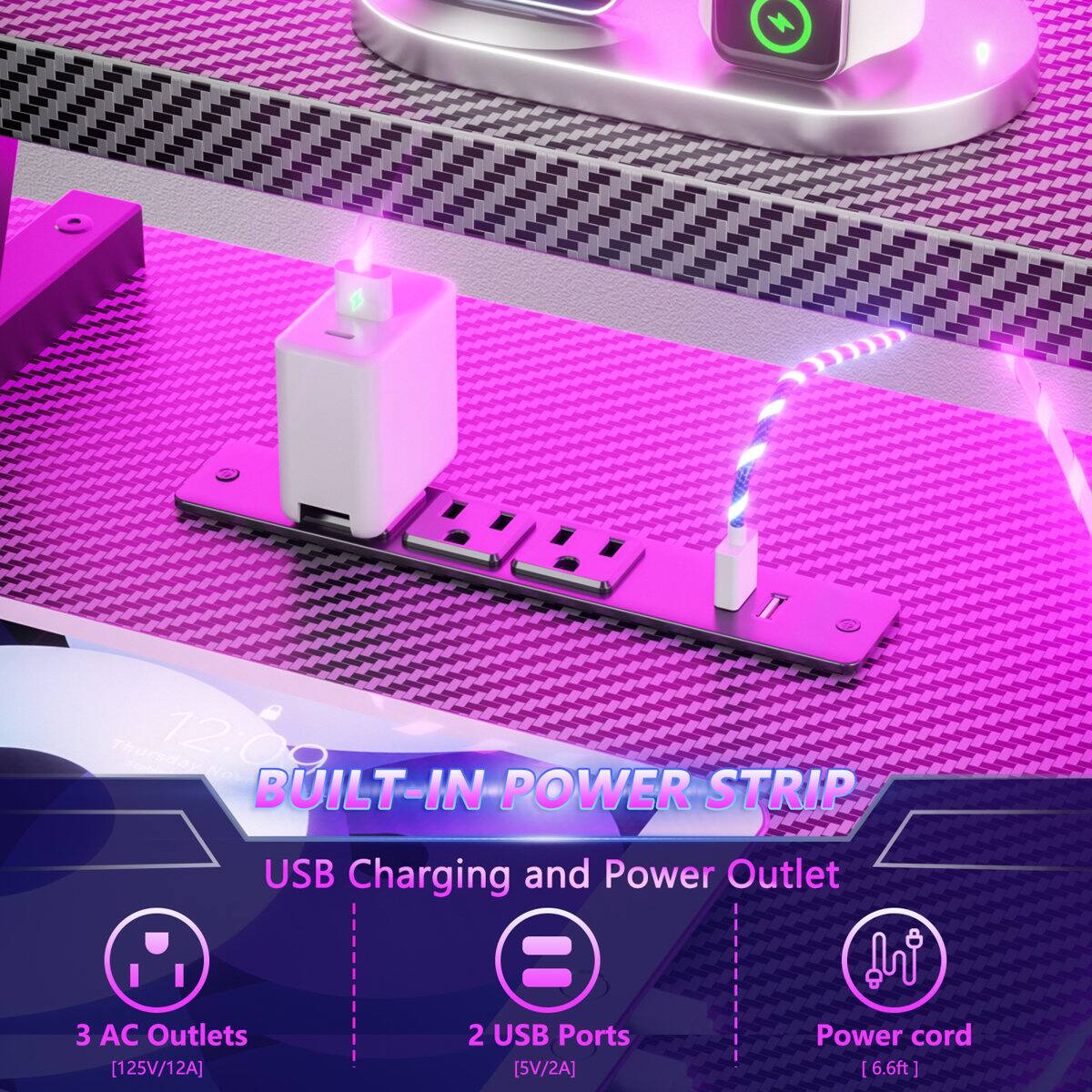 Thursday No 12:0 BUILT-IN POWER STRIP USB Charging and Power Outlet 3 AC Outlets [125V/12A] 2 USB Ports [5V/2A] Power cord [6.6ft]