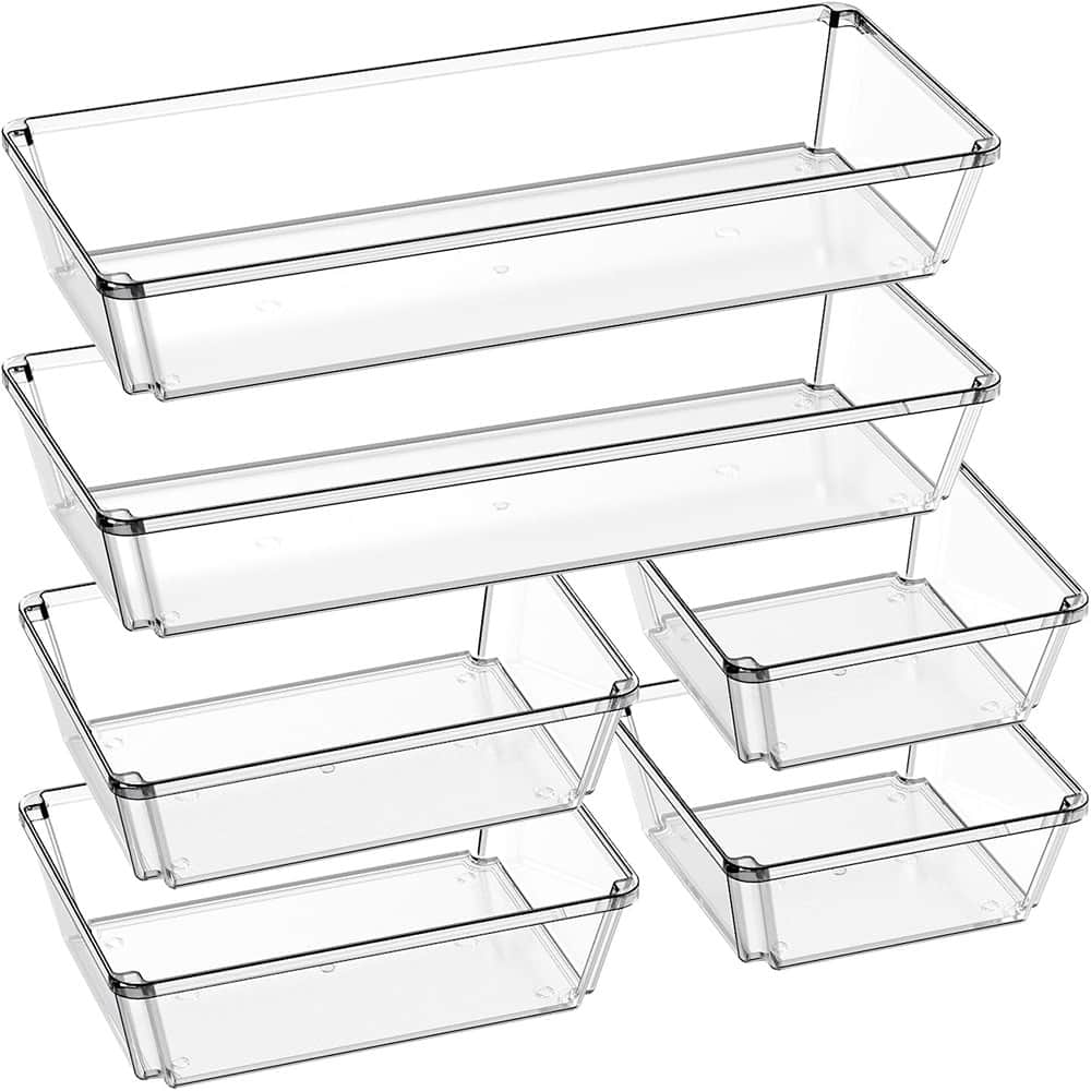 RTMB - Desk drawer organizers and storage dividers, six-piece set of large clear plastic