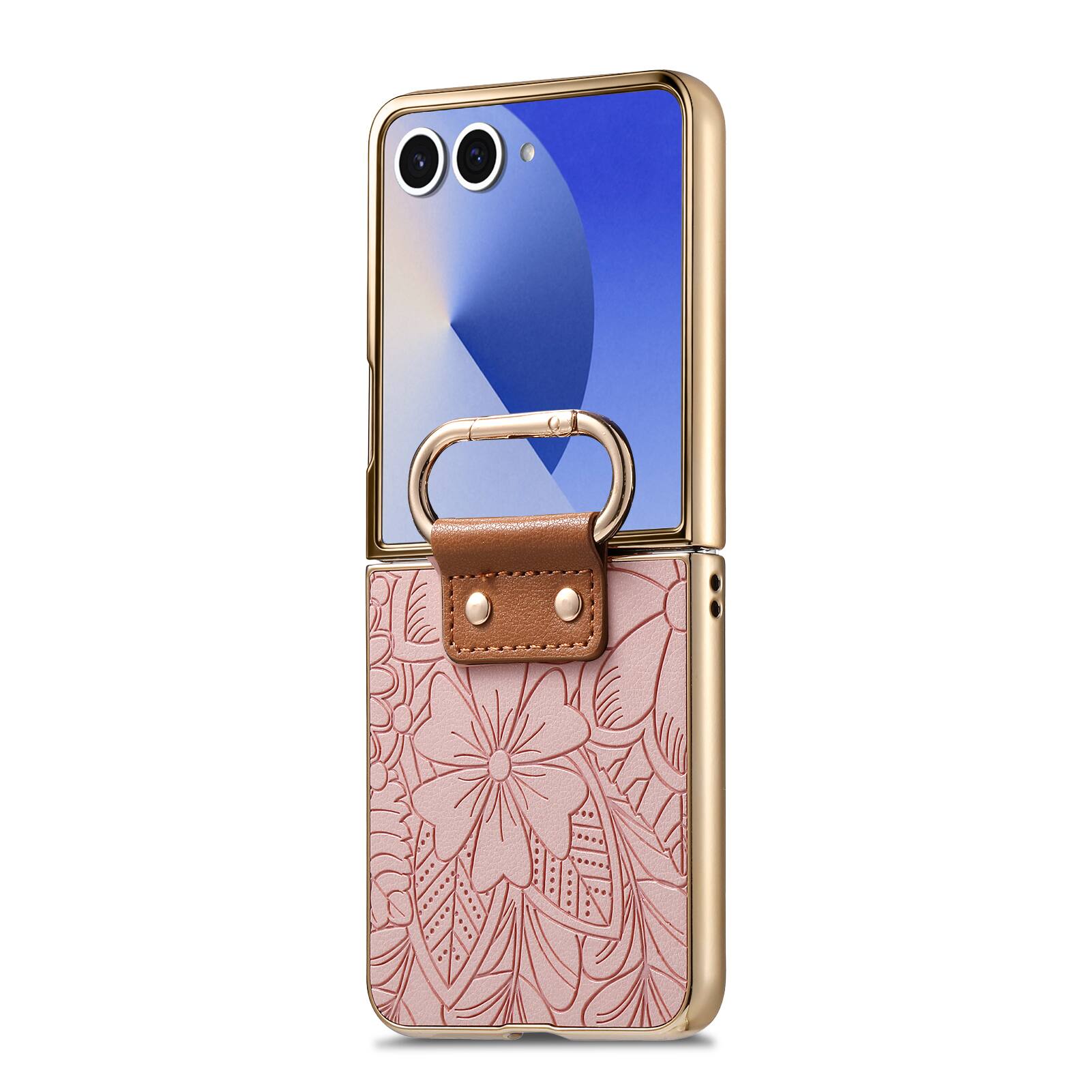 Alt View 1. Dteck - Shockproof Floral Leather Texture Case for Samsung Galaxy Z Flip8, Electroplated Rigid Plastic Cover with Ring Holder - Pink.