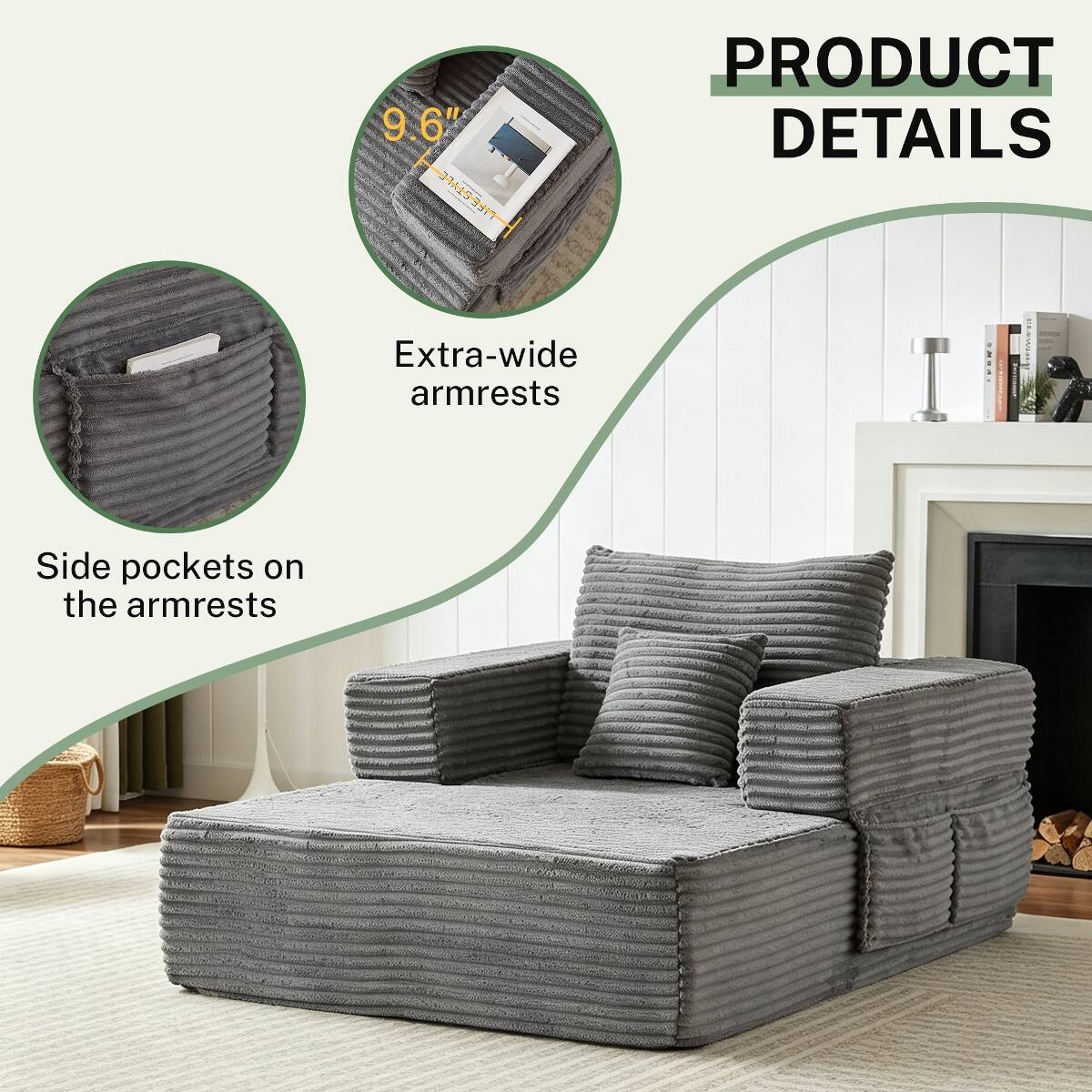 PRODUCT DETAILS

- 9.6" Extra-wide armrests
- Side pockets on the armrests