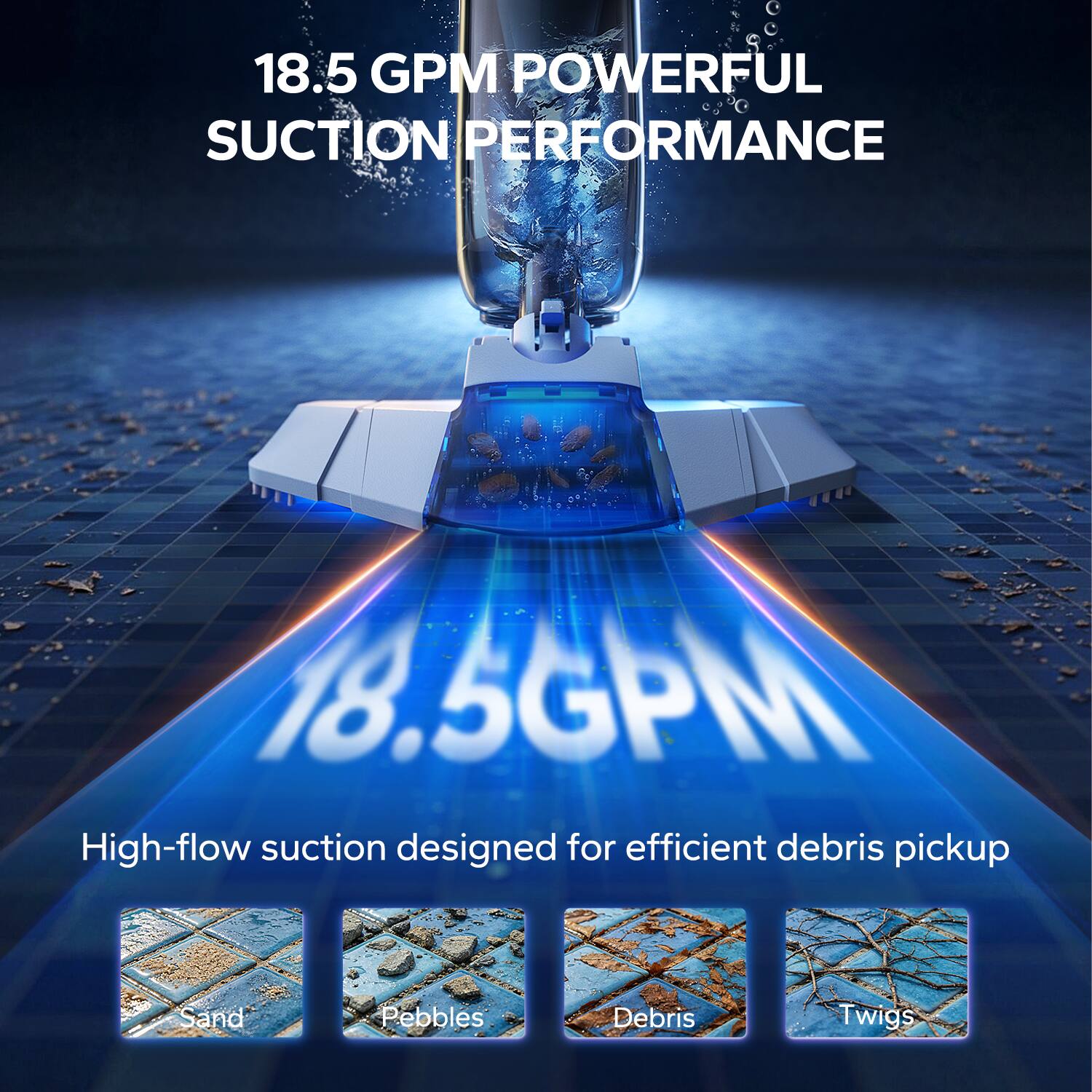 18.5 GPM POWERFUL SUCTION PERFORMANCE

18.5 GPM High-flow suction designed for efficient debris pickup

Sand  
Pebbles  
Debris  
Twigs