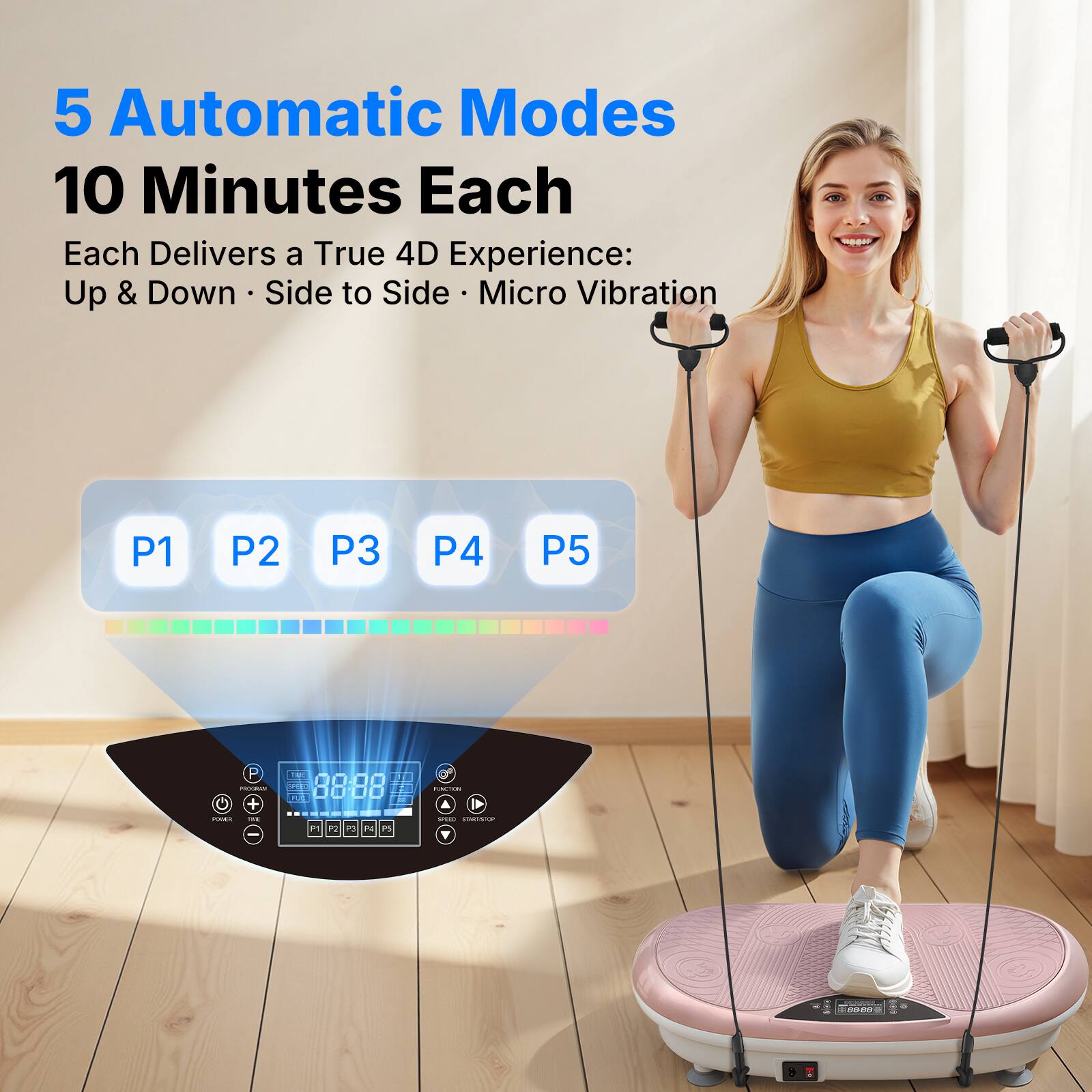 5 Automatic Modes  
10 Minutes Each  
Each Delivers a True 4D Experience:  
Up & Down • Side to Side • Micro Vibration  

P1 P2 P3 P4 P5