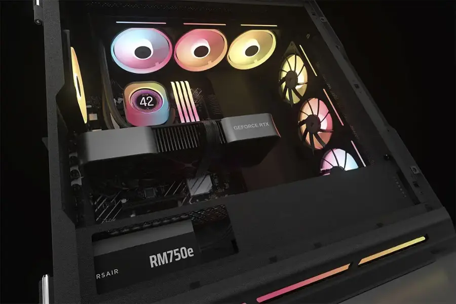 The text on the image reads: "42 GEFORCE RTX 9 /5000T RSAIR RM750e."