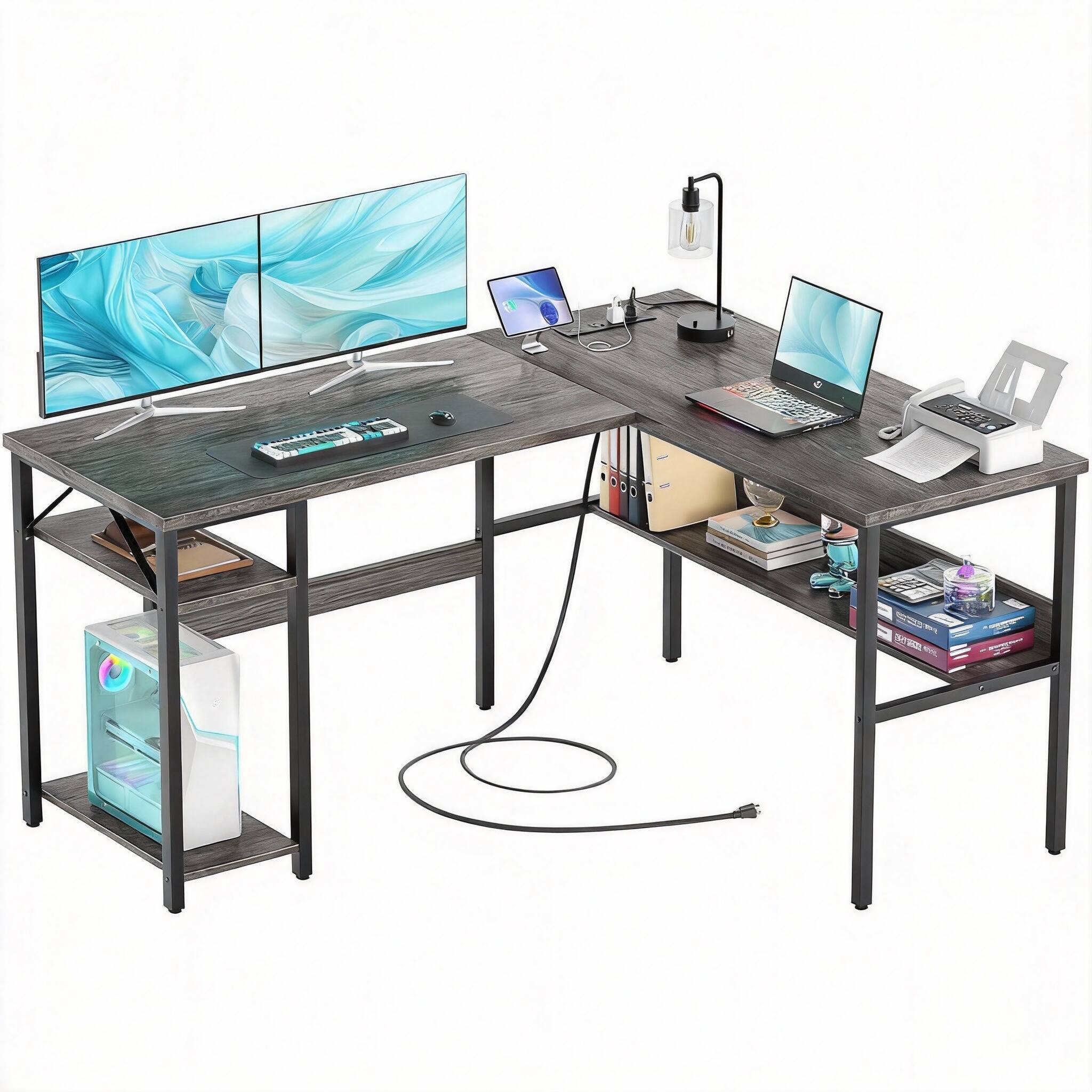 Front. Frangdom - Reversible L Gaming Desk with Outlets USB Shelf Corner Office - Gray Oak L Shaped Desk 3 configs 3 outlets 2 USBs.