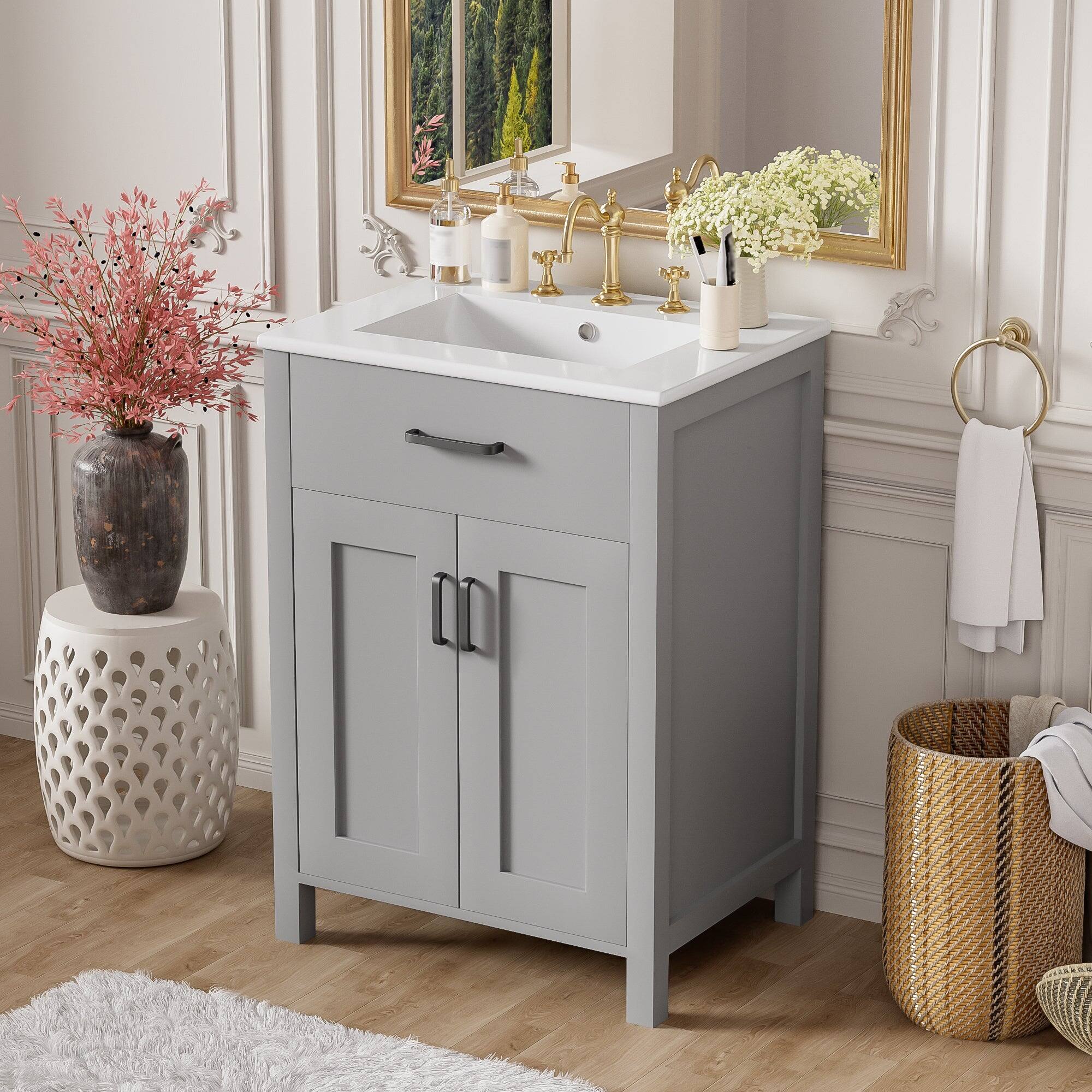 Alt View 4. Boyel Living - 24 Inch Gray Bathroom Vanity Combo with Ceramic Sink, Flip-Top Drawer, Adjustable Shelf, Double Door Racks - Gray.