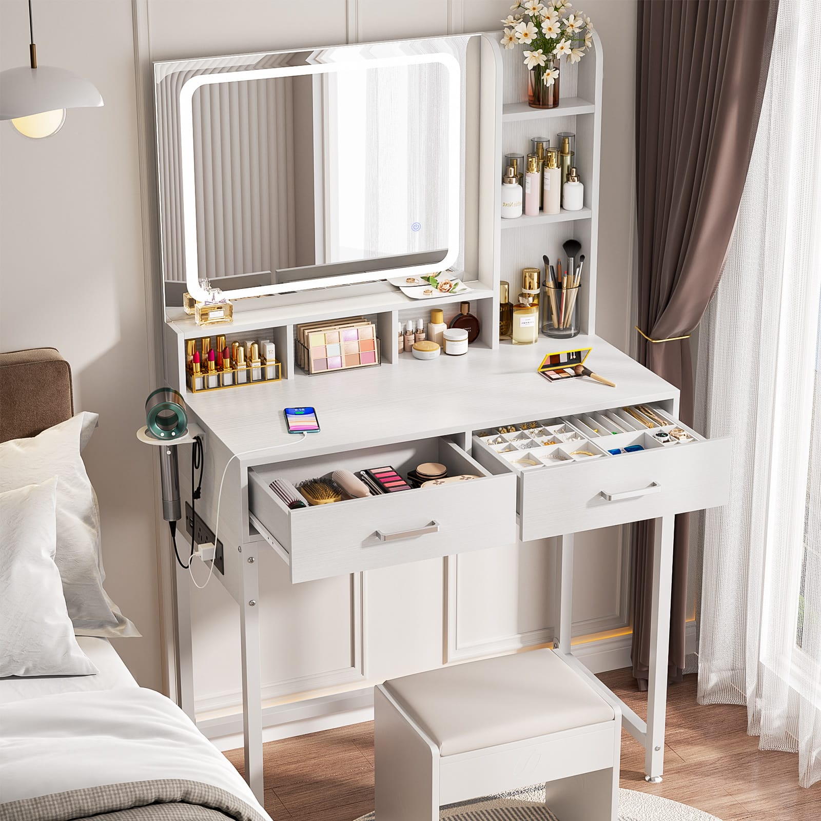 Aheaplus - Makeup Vanity Desk with Lighted Mirror and Charging Station, 31.5'' Small Vanity Table with Drawers - White
